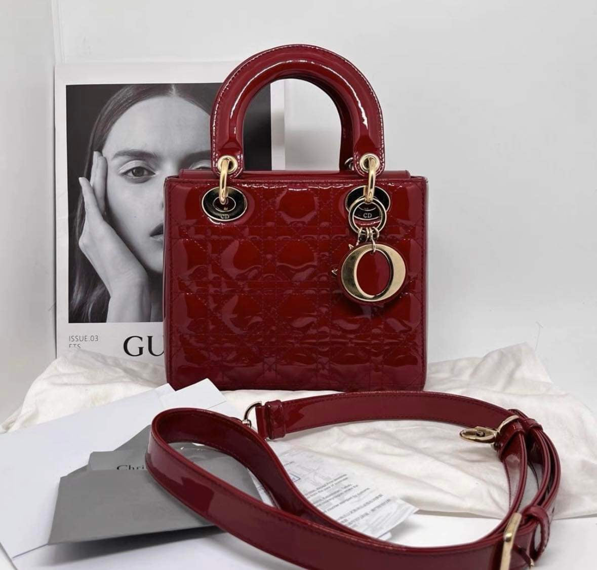 Christian Dior Lady Dior small in cherry red patent