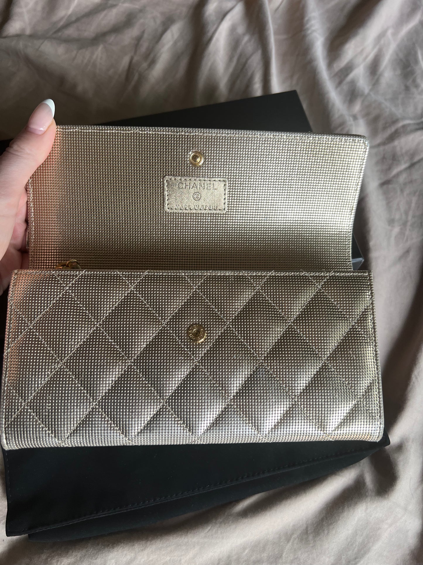 Chanel gold shimmer caviar pebble long wallet