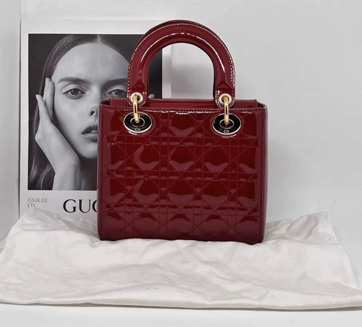 Christian Dior Lady Dior small in cherry red patent