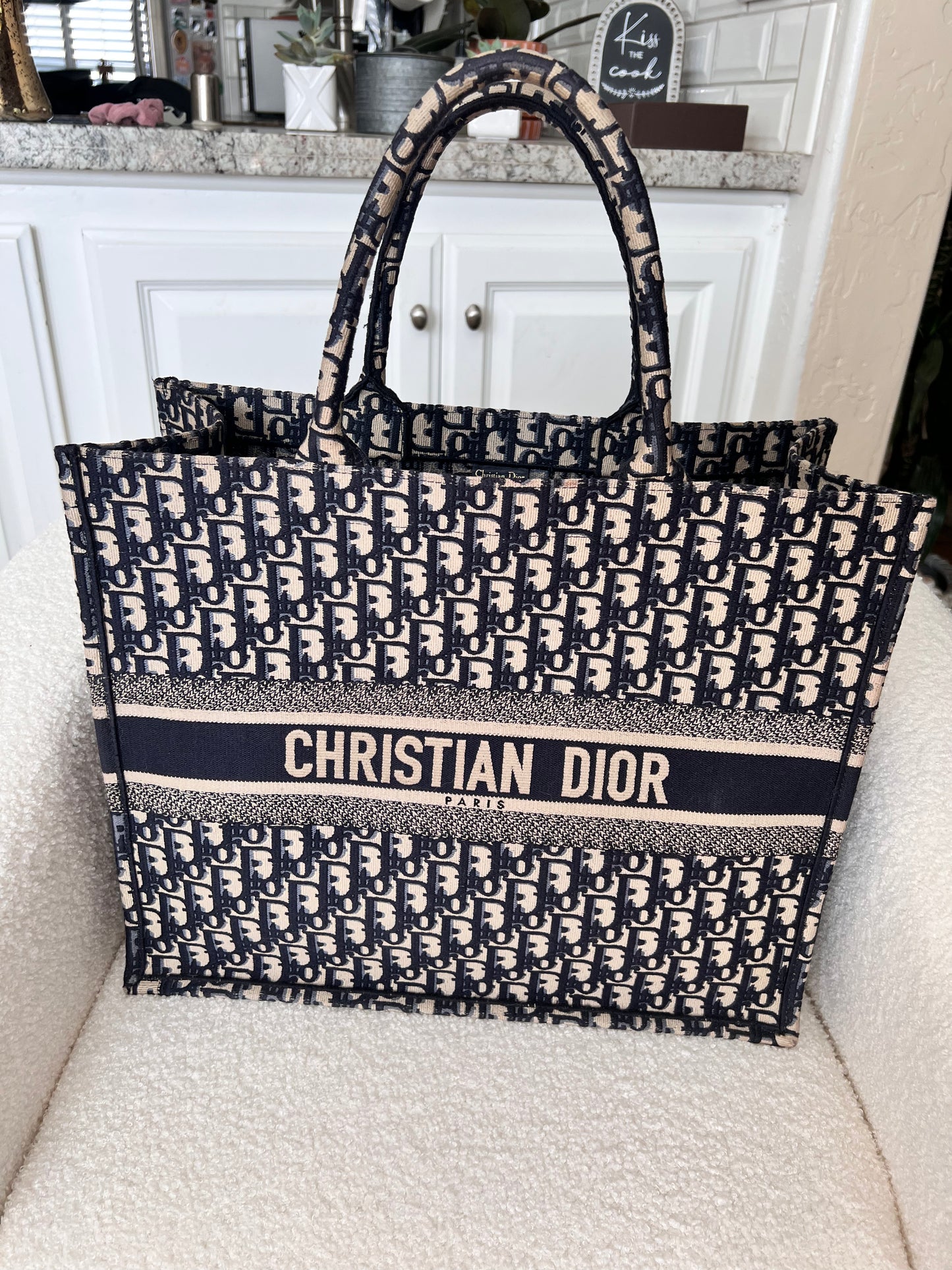 Dior large book tote navy oblique embroidered