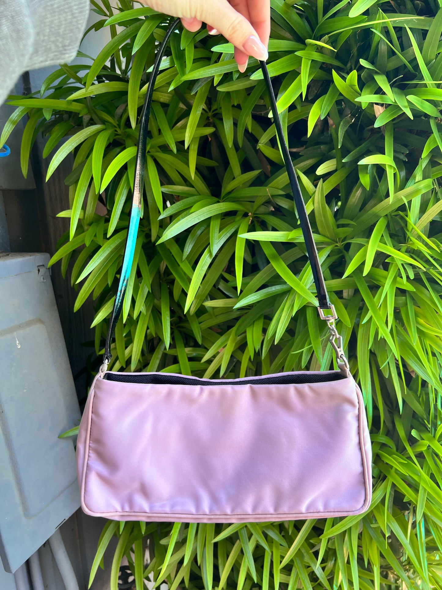 Prada Tessuto nylon shoulder pochette with patent leather long sleeve