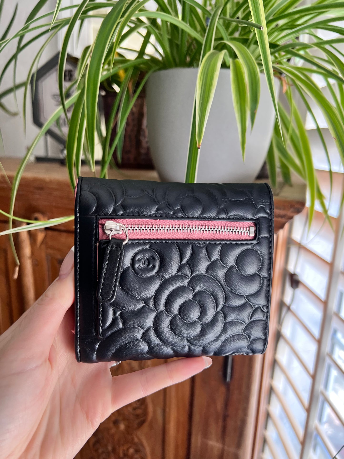 Chanel Camellia black leather compact trifold wallet