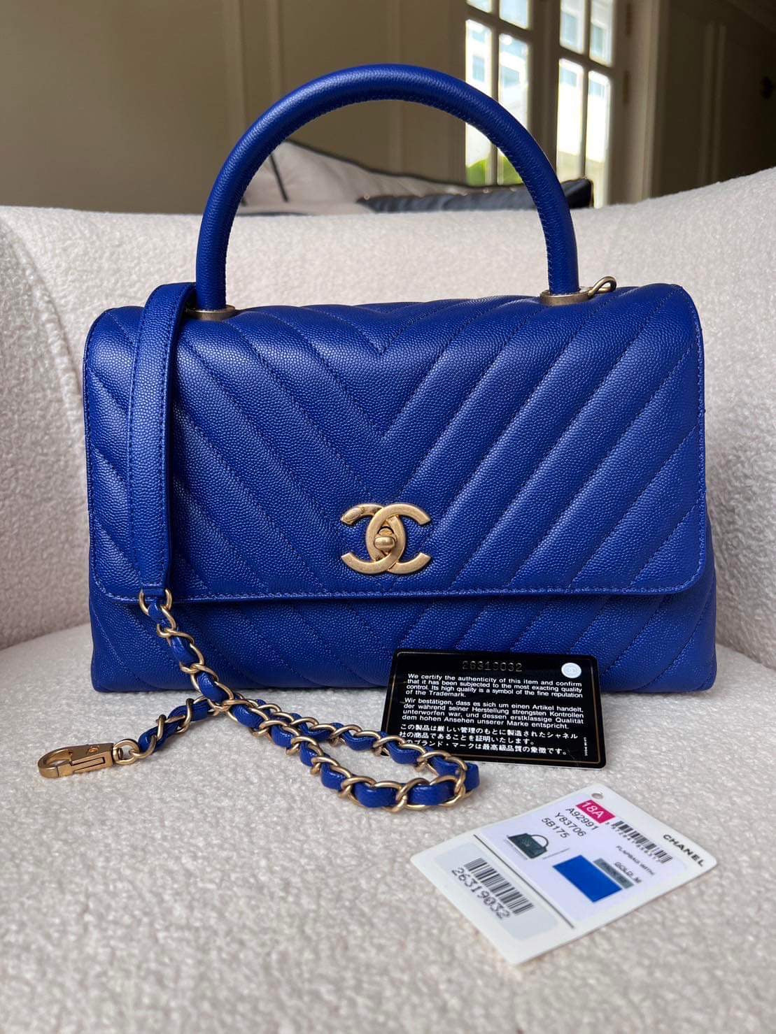 Chanel Coco handle 18A blue caviar chevron 2 way tote