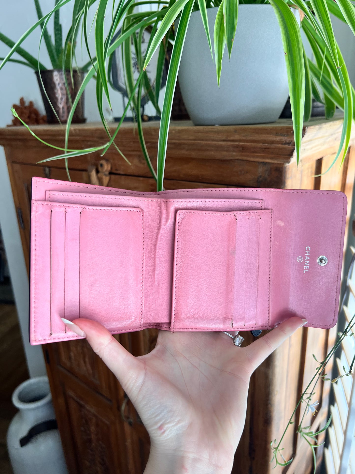 Chanel Camellia black leather compact trifold wallet