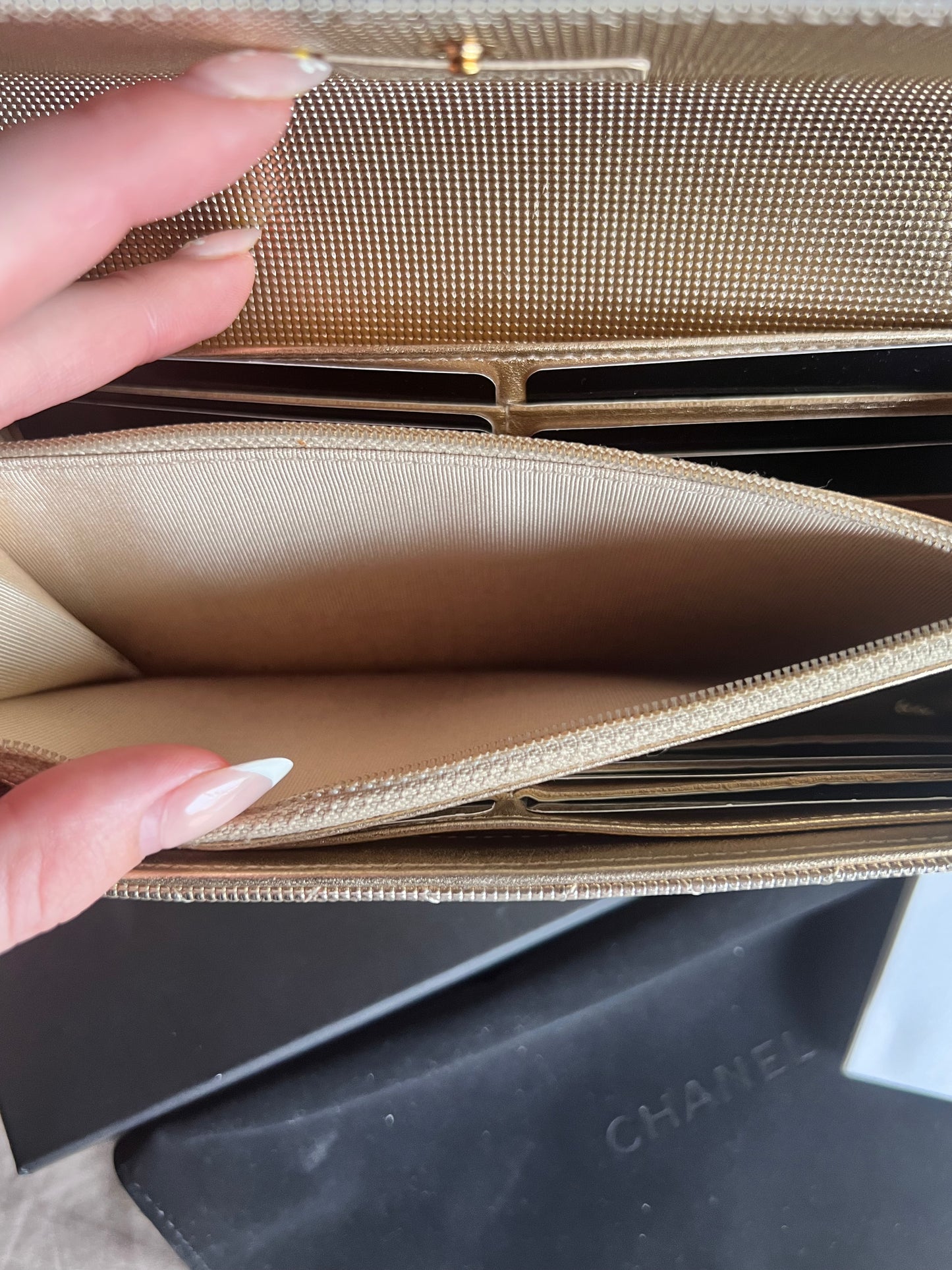 Chanel gold shimmer caviar pebble long wallet