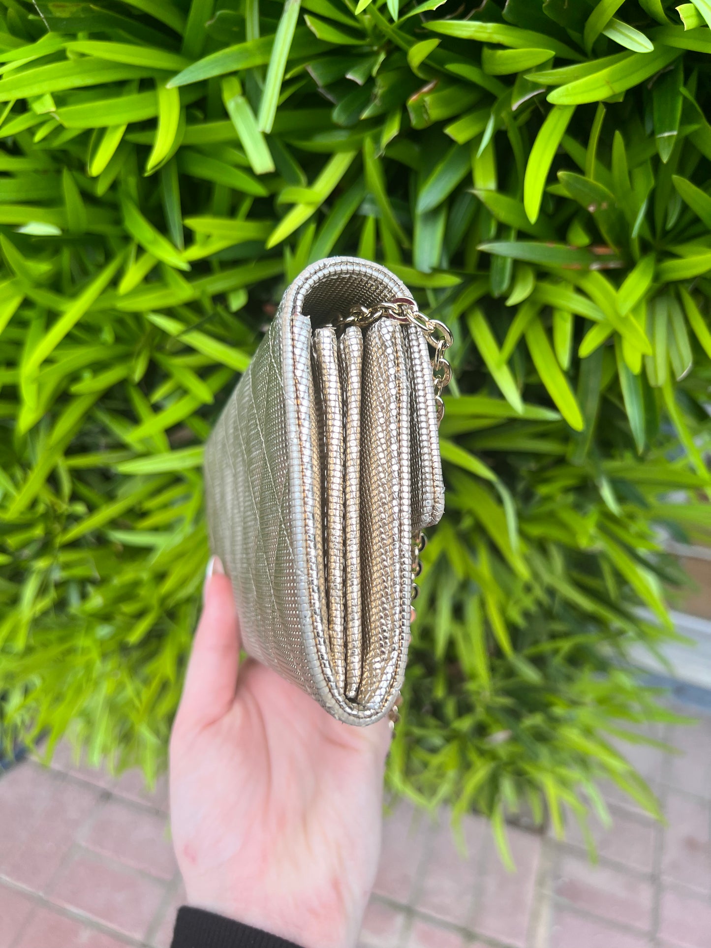 Chanel gold shimmer caviar pebble long wallet
