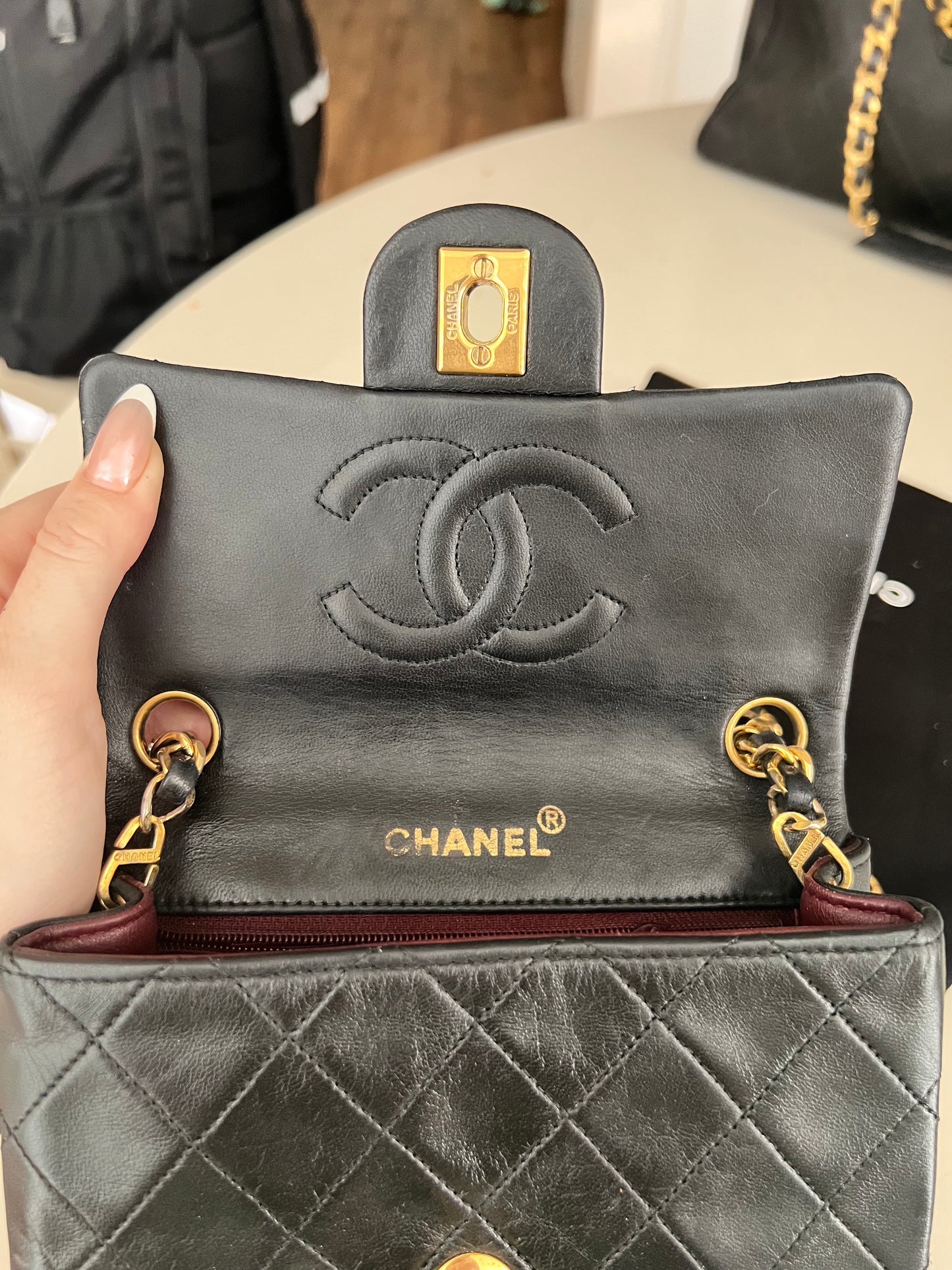 Chanel vintage mini square black lambskin 24k ghw