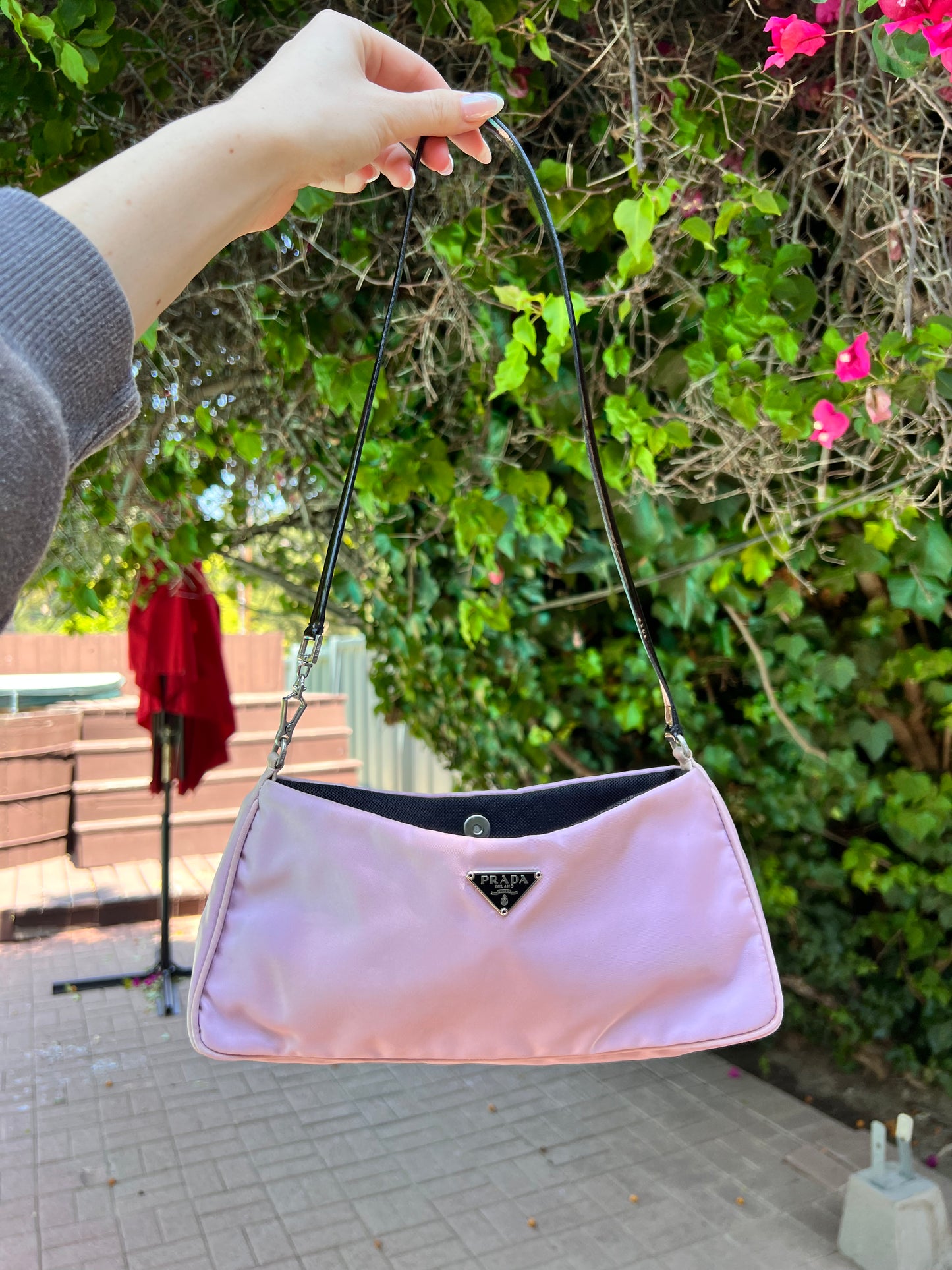 Prada Tessuto nylon shoulder pochette with patent leather long sleeve