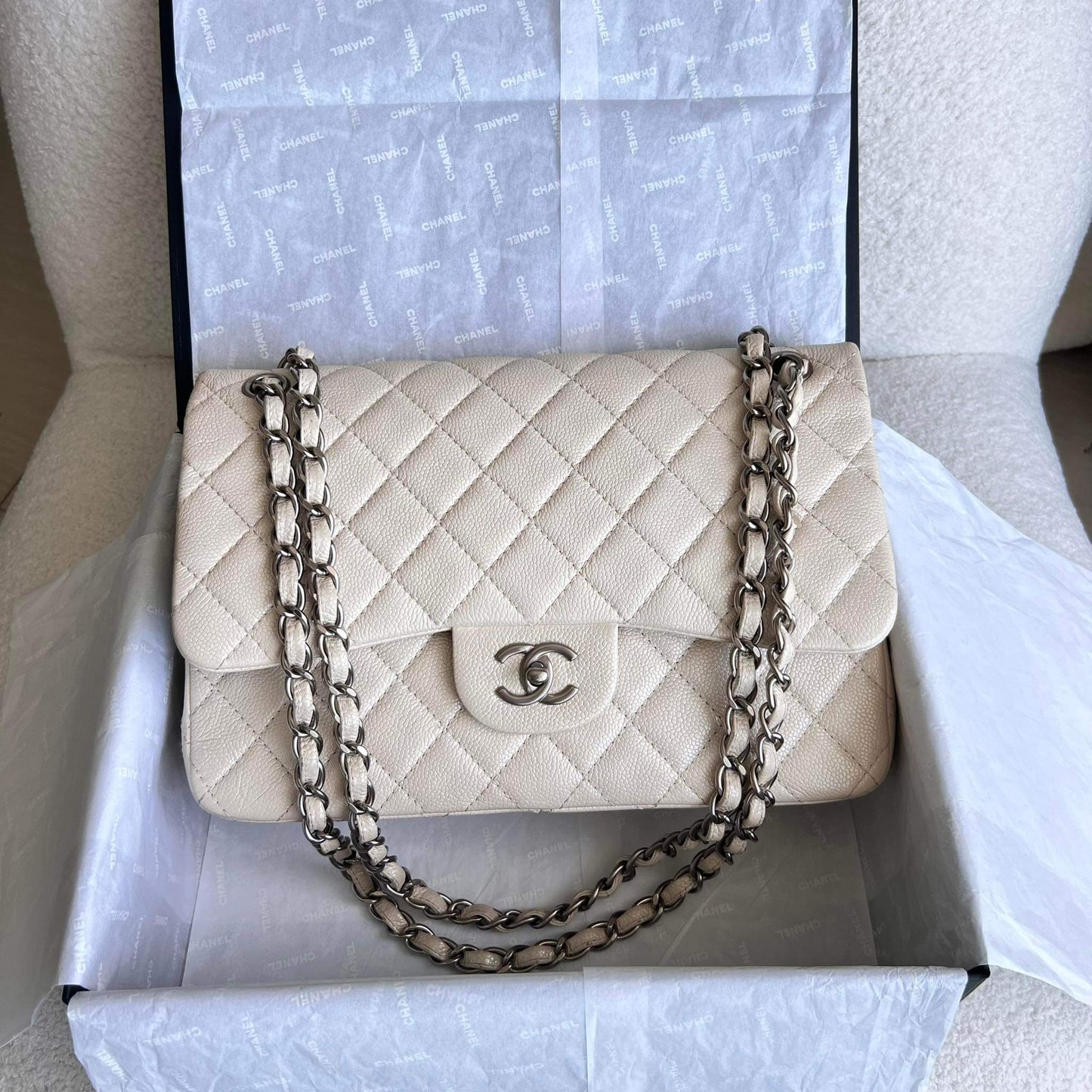 Chanel beige caviar jumbo double flap