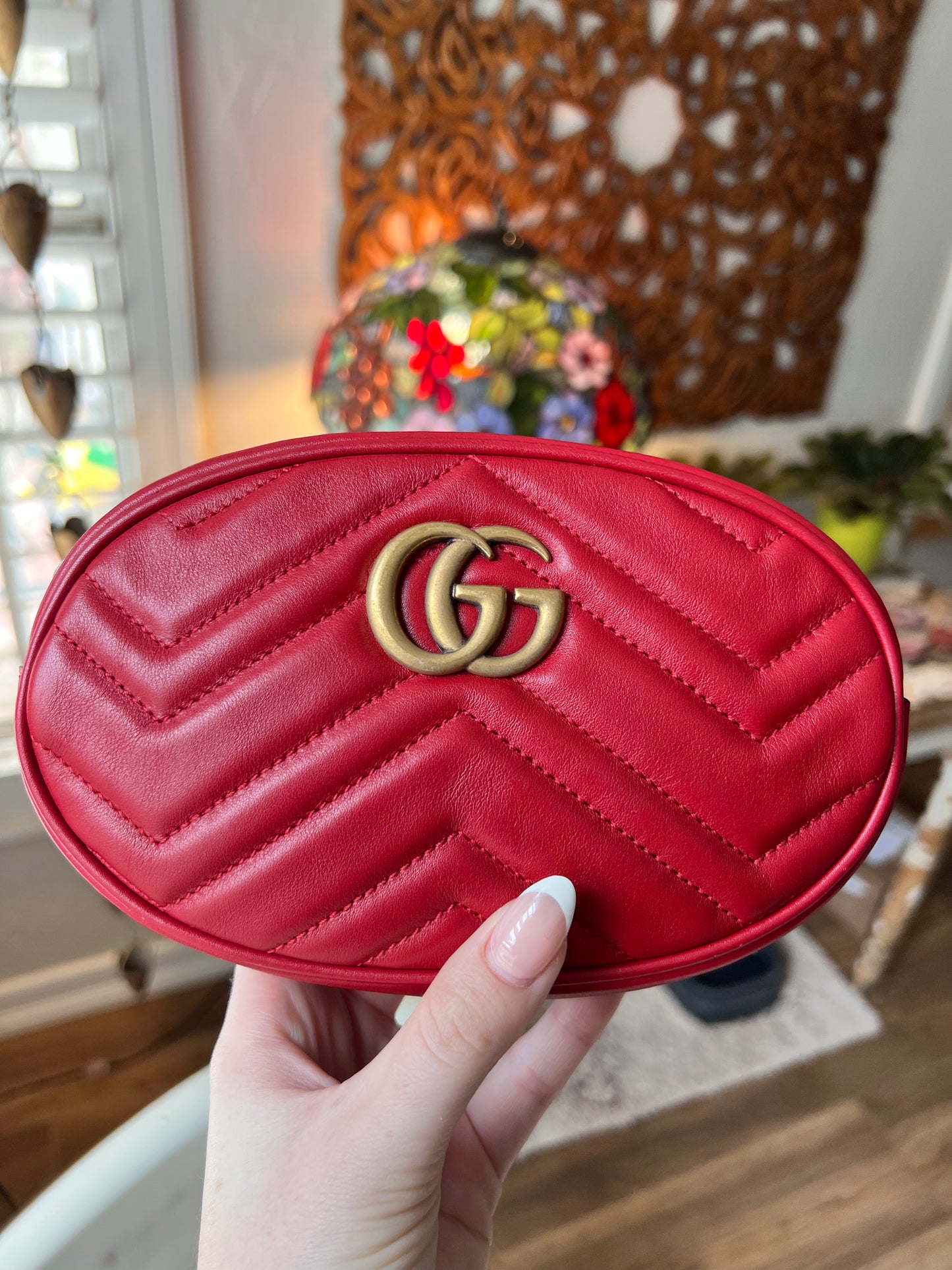 GUCCI Calfskin Matelasse GG Marmont Belt Bag size 65 or 26 in Hibiscus Red
