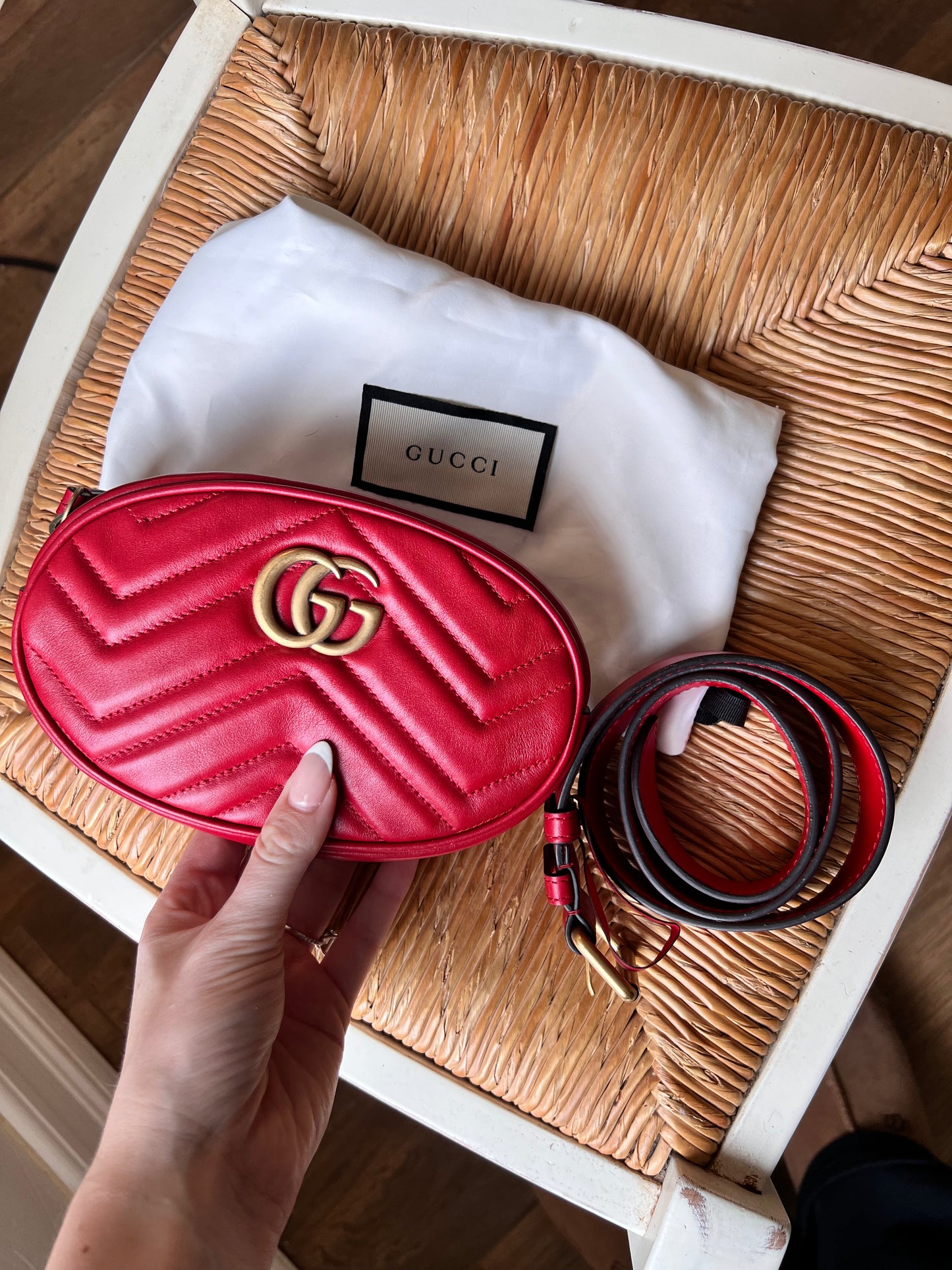 GUCCI Calfskin Matelasse GG Marmont Belt Bag size 65 or 26 in Hibiscus Red