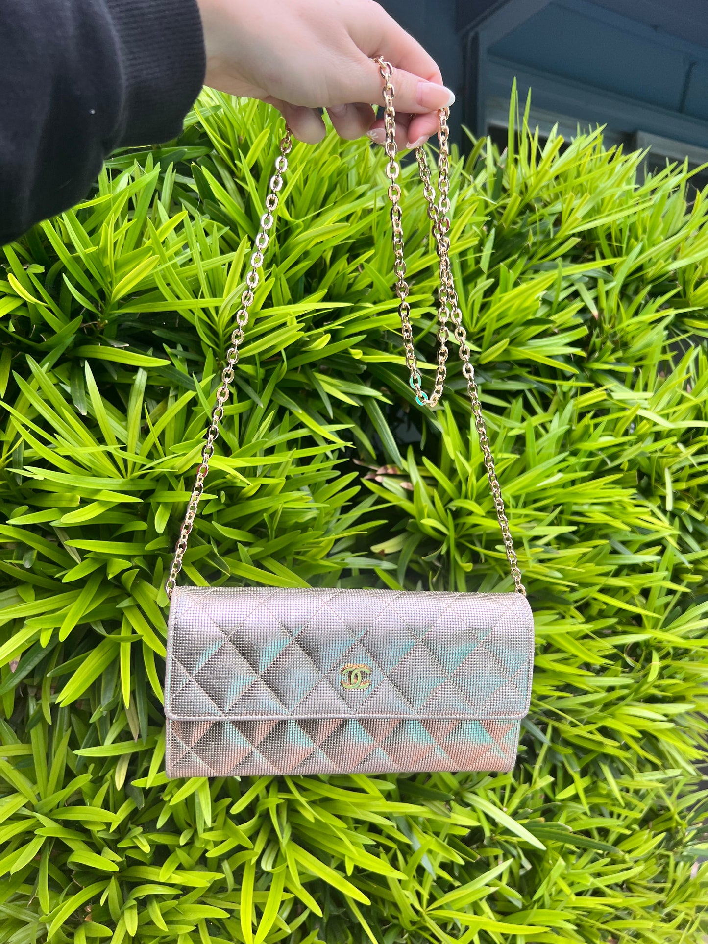 Chanel gold shimmer caviar pebble long wallet