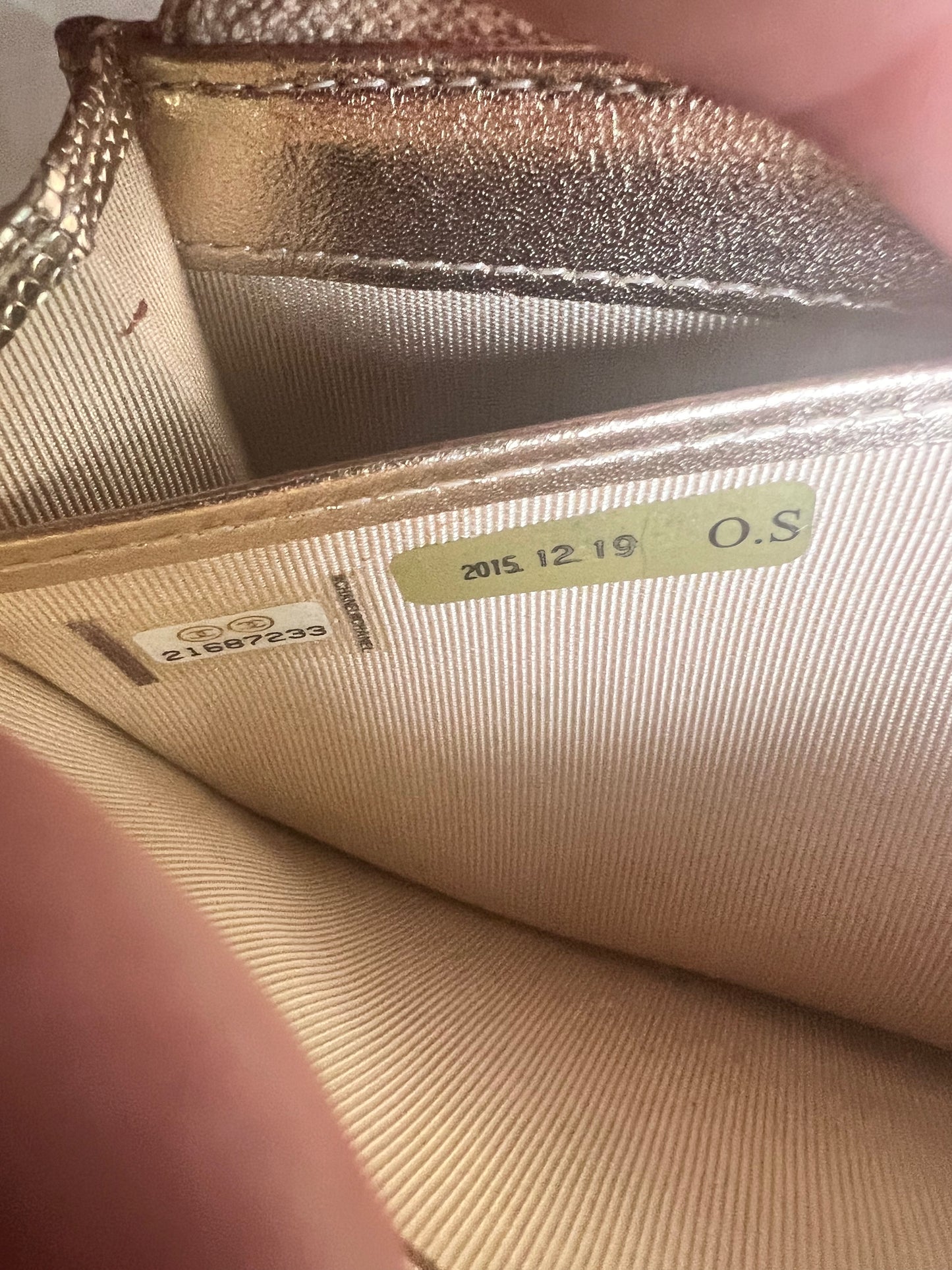 Chanel gold shimmer caviar pebble long wallet