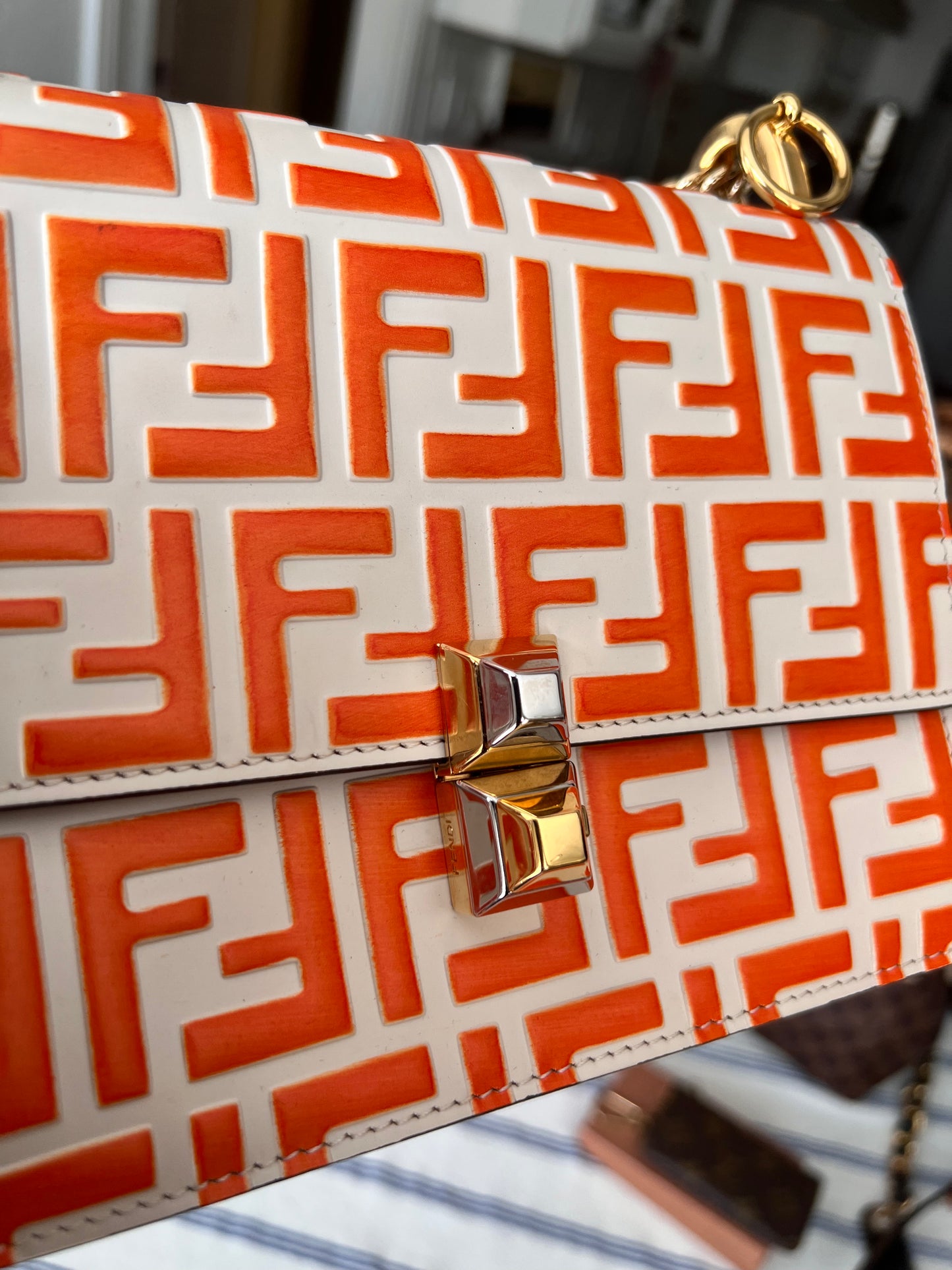 Fendi Vitello Liberty Bi-Color FF 1974 Embossed Small Kan I Shoulder Bag Camelia Aranciata