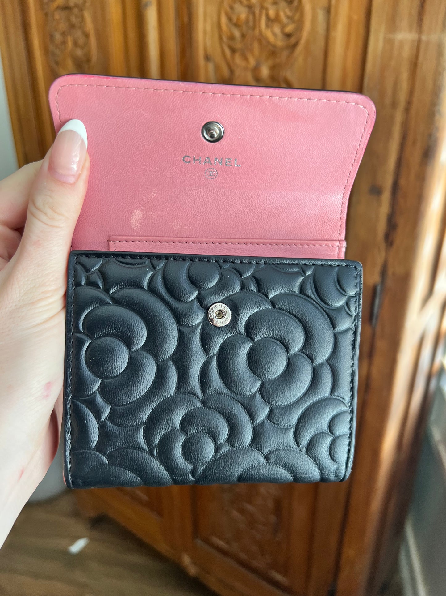 Chanel Camellia black leather compact trifold wallet