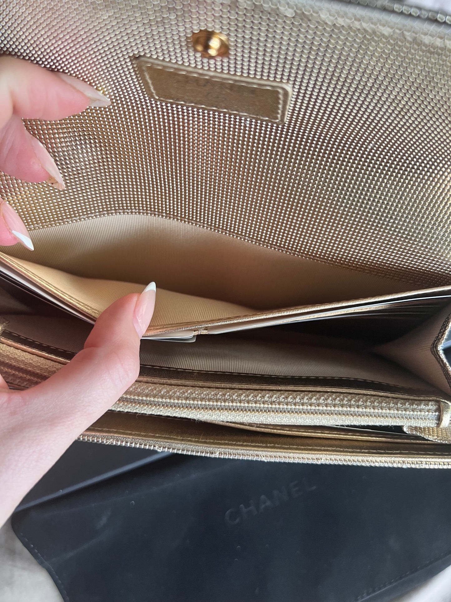 Chanel gold shimmer caviar pebble long wallet