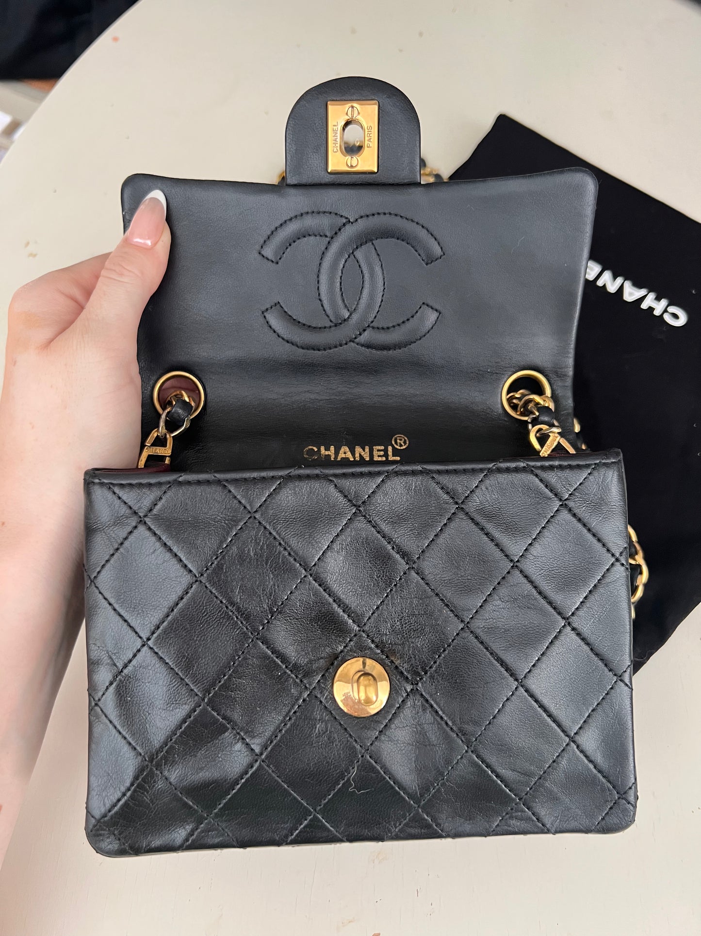 Chanel vintage mini square black lambskin 24k ghw