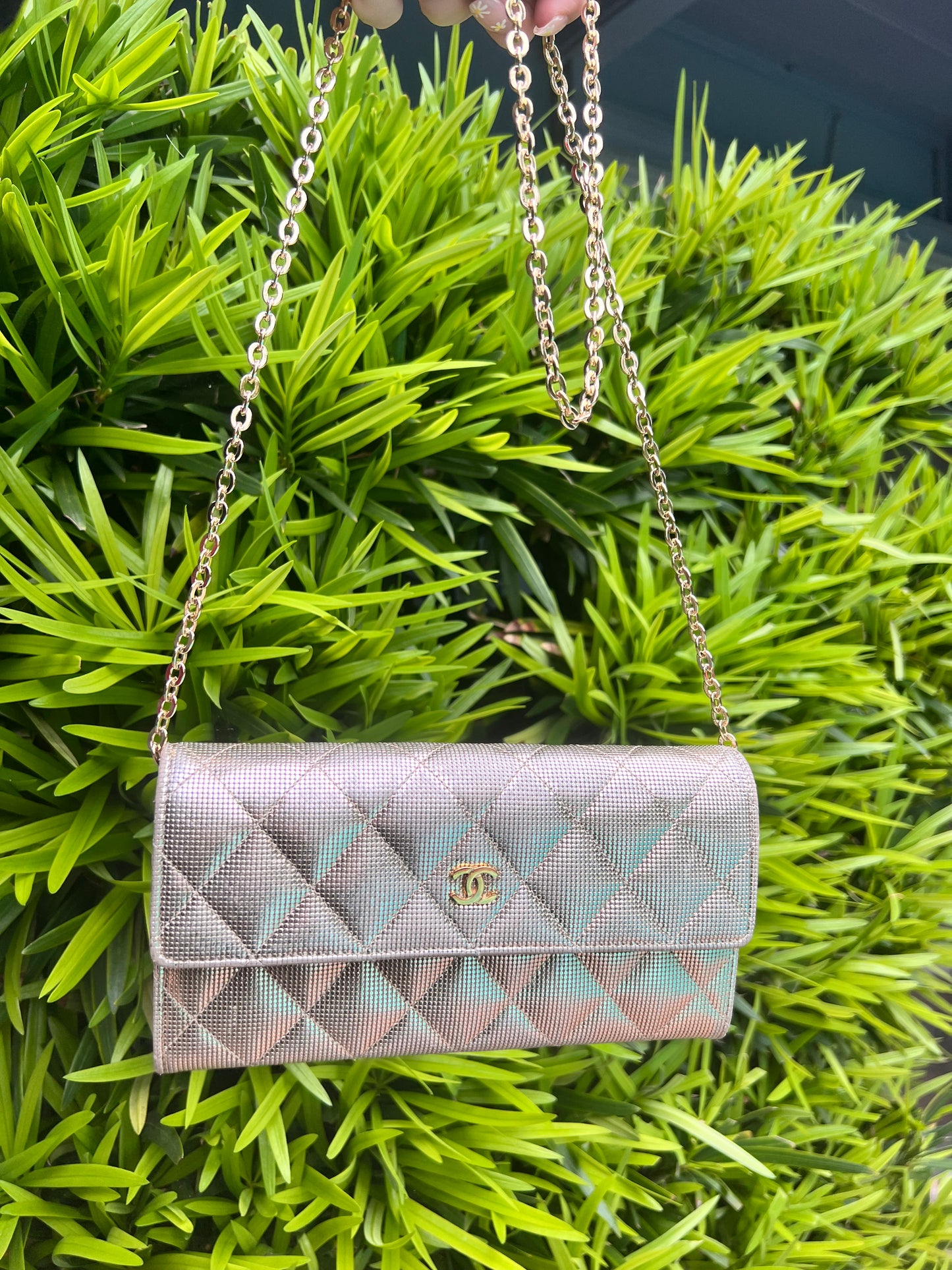 Chanel gold shimmer caviar pebble long wallet