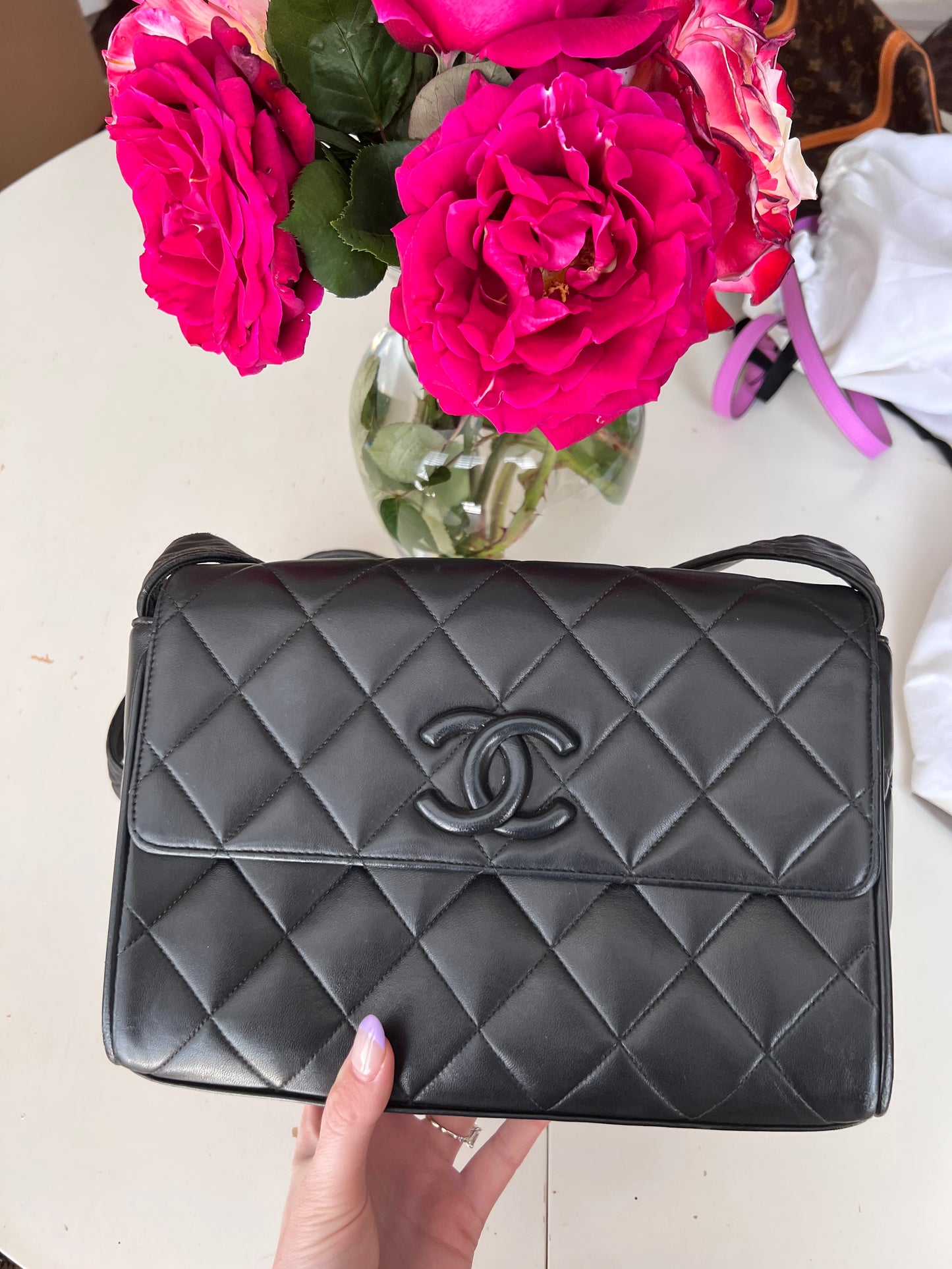 Chanel vintage CC lambskin covered messenger crossbody flap bag