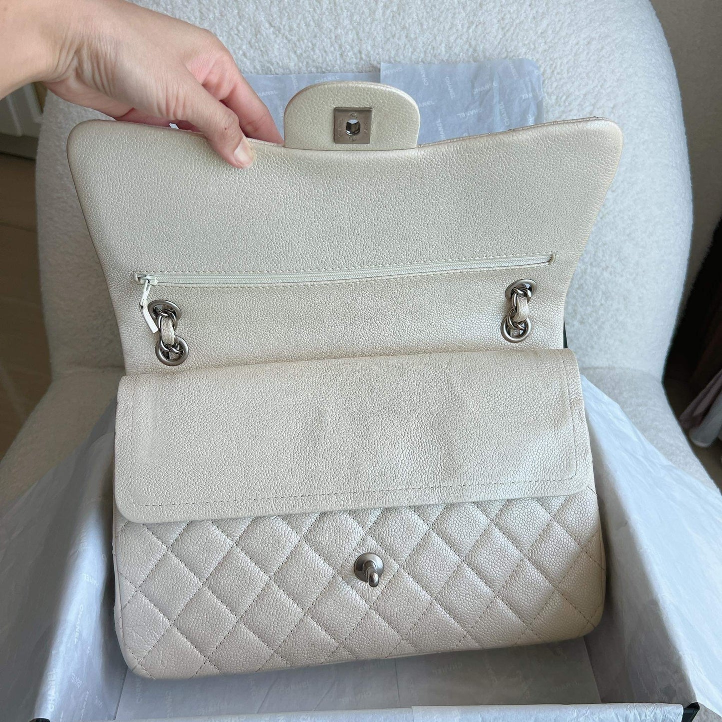 Chanel beige caviar jumbo double flap