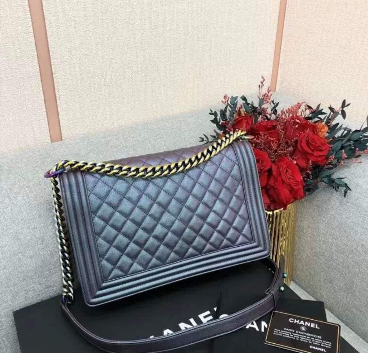 Chanel New Medium Boy Iridescent Purple with rainbow hardware