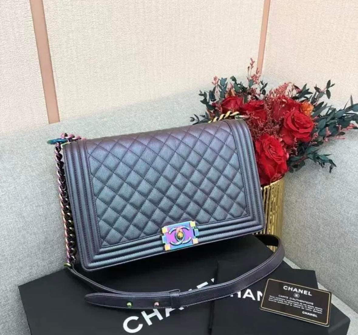Chanel New Medium Boy Iridescent Purple with rainbow hardware