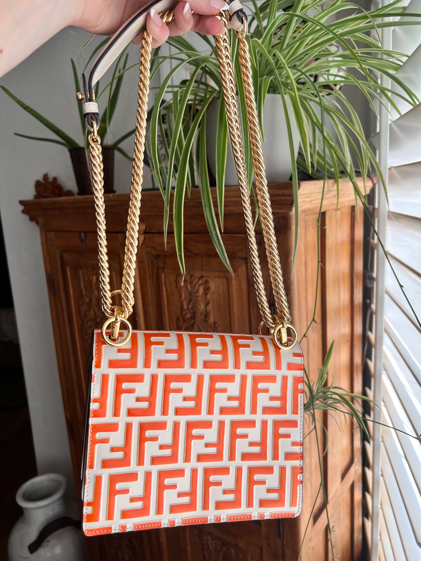Fendi Vitello Liberty Bi-Color FF 1974 Embossed Small Kan I Shoulder Bag Camelia Aranciata
