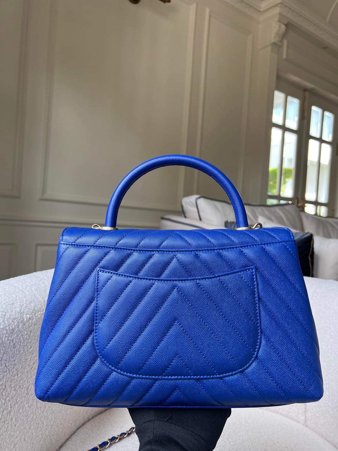 Chanel Coco handle 18A blue caviar chevron 2 way tote