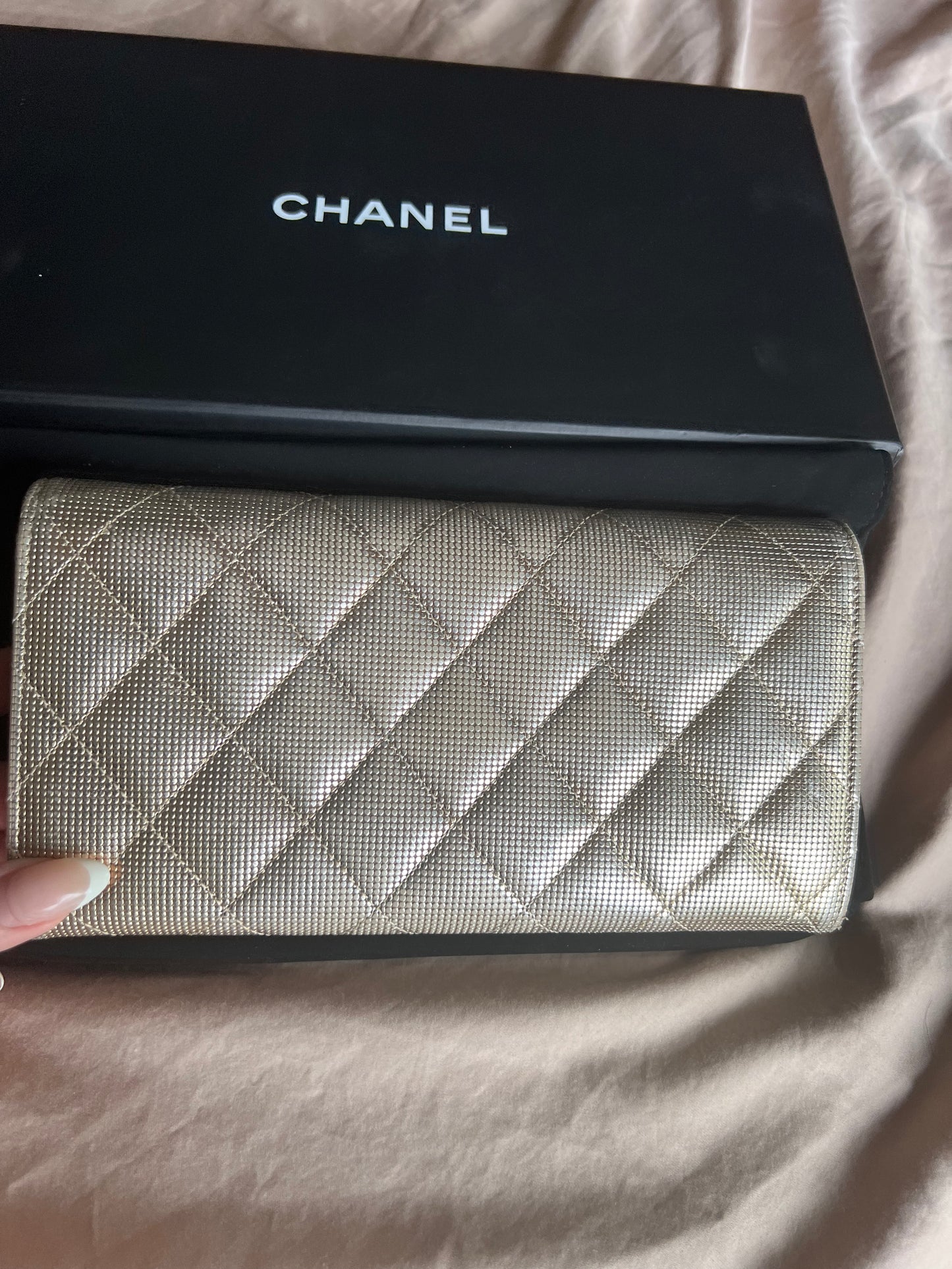 Chanel gold shimmer caviar pebble long wallet