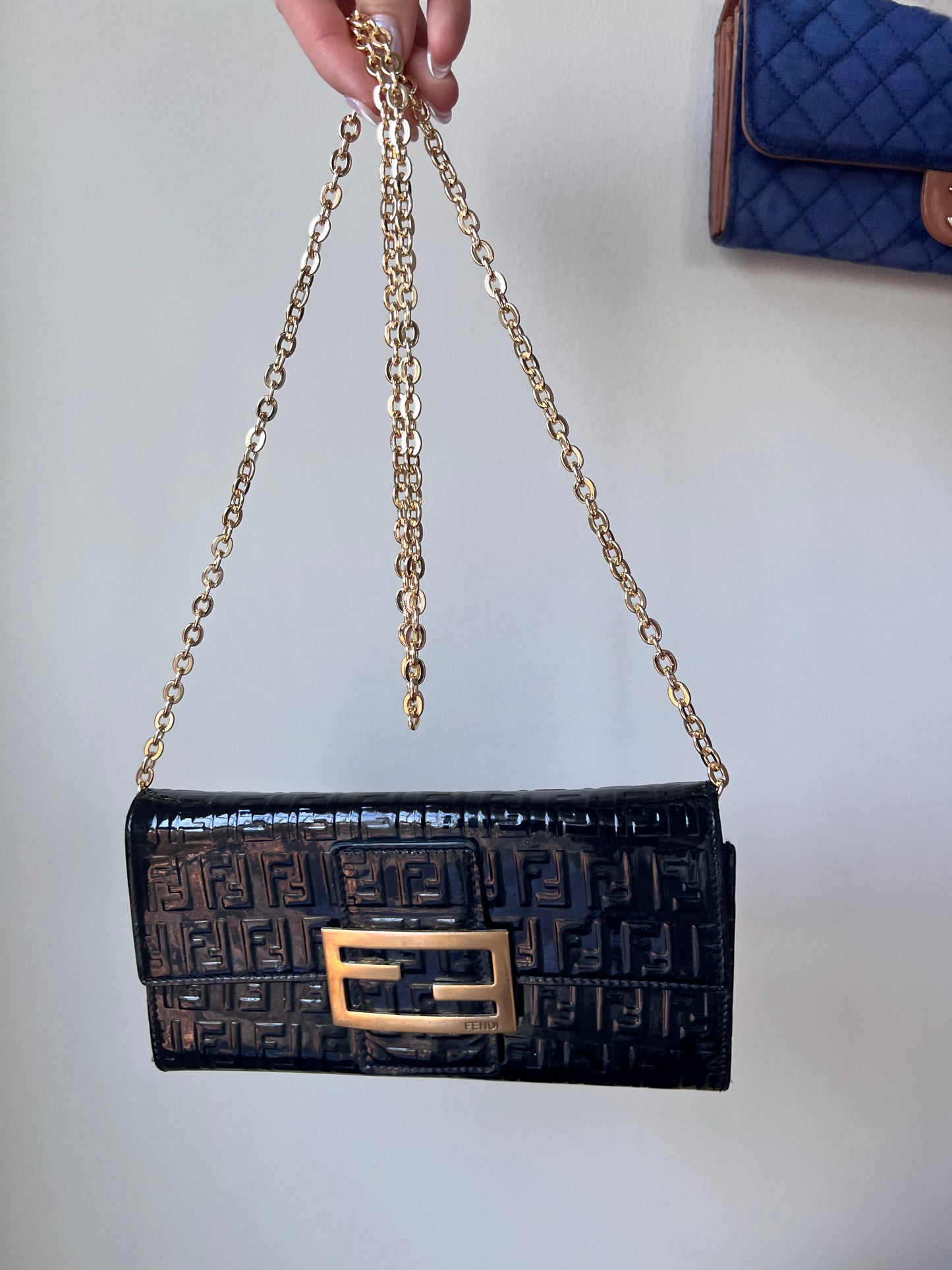 Fendi Zucchino black patent leather wallet on chain