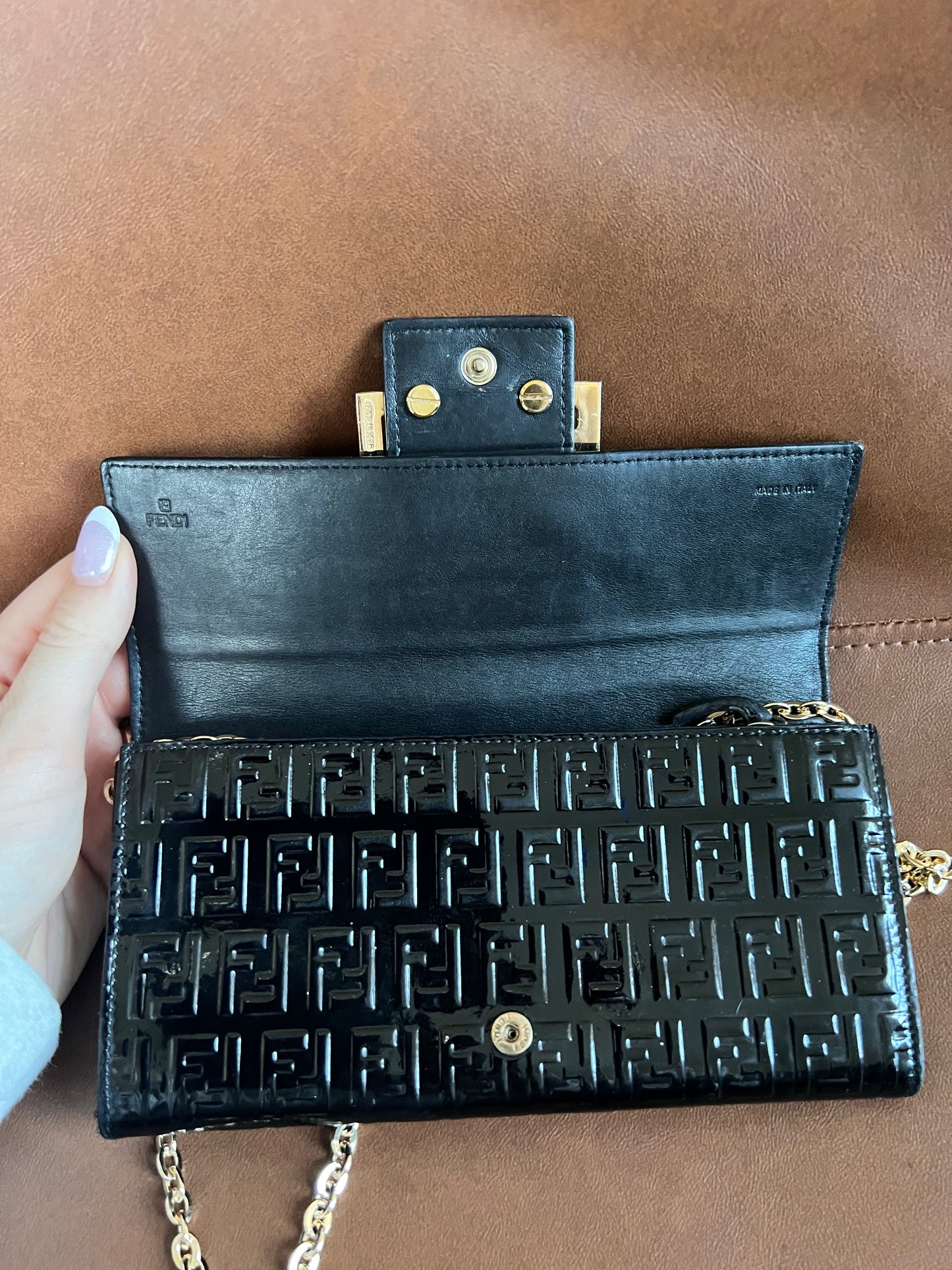 Fendi Zucchino black patent leather wallet on chain