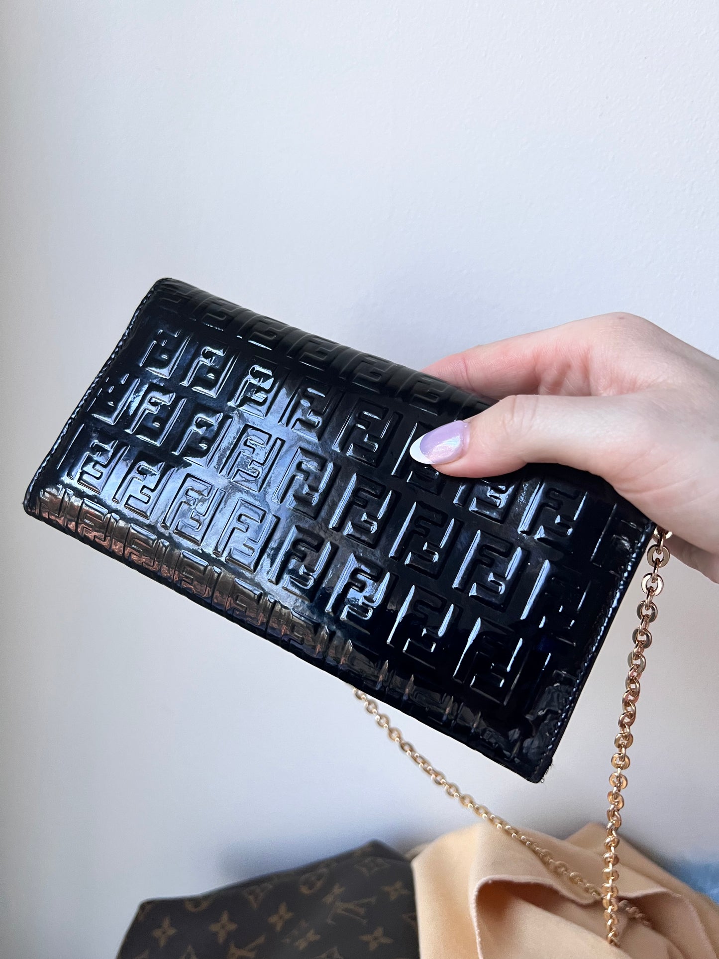 Fendi Zucchino black patent leather wallet on chain