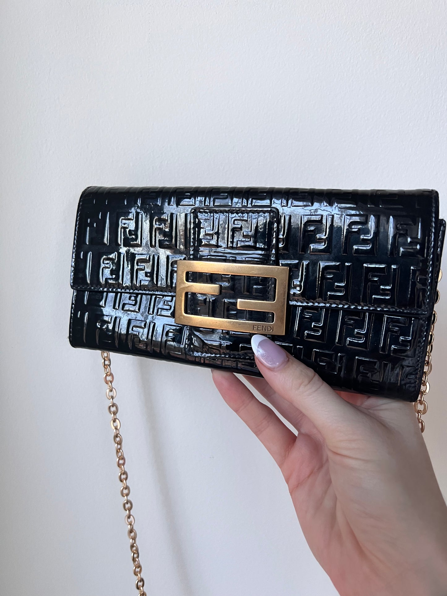 Fendi Zucchino black patent leather wallet on chain
