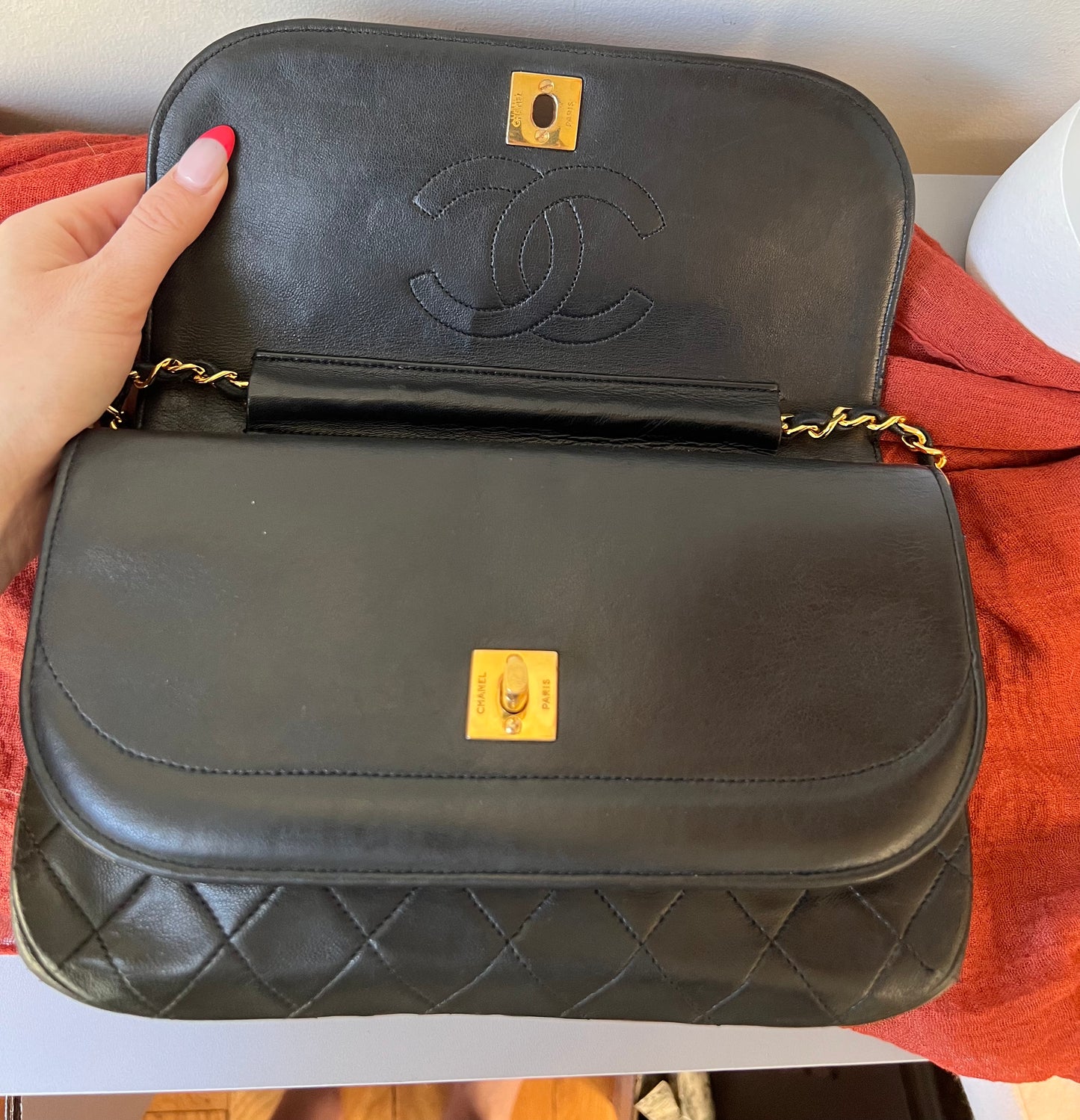 Chanel vintage double rounded flap black lambskin 24k gold chain bag