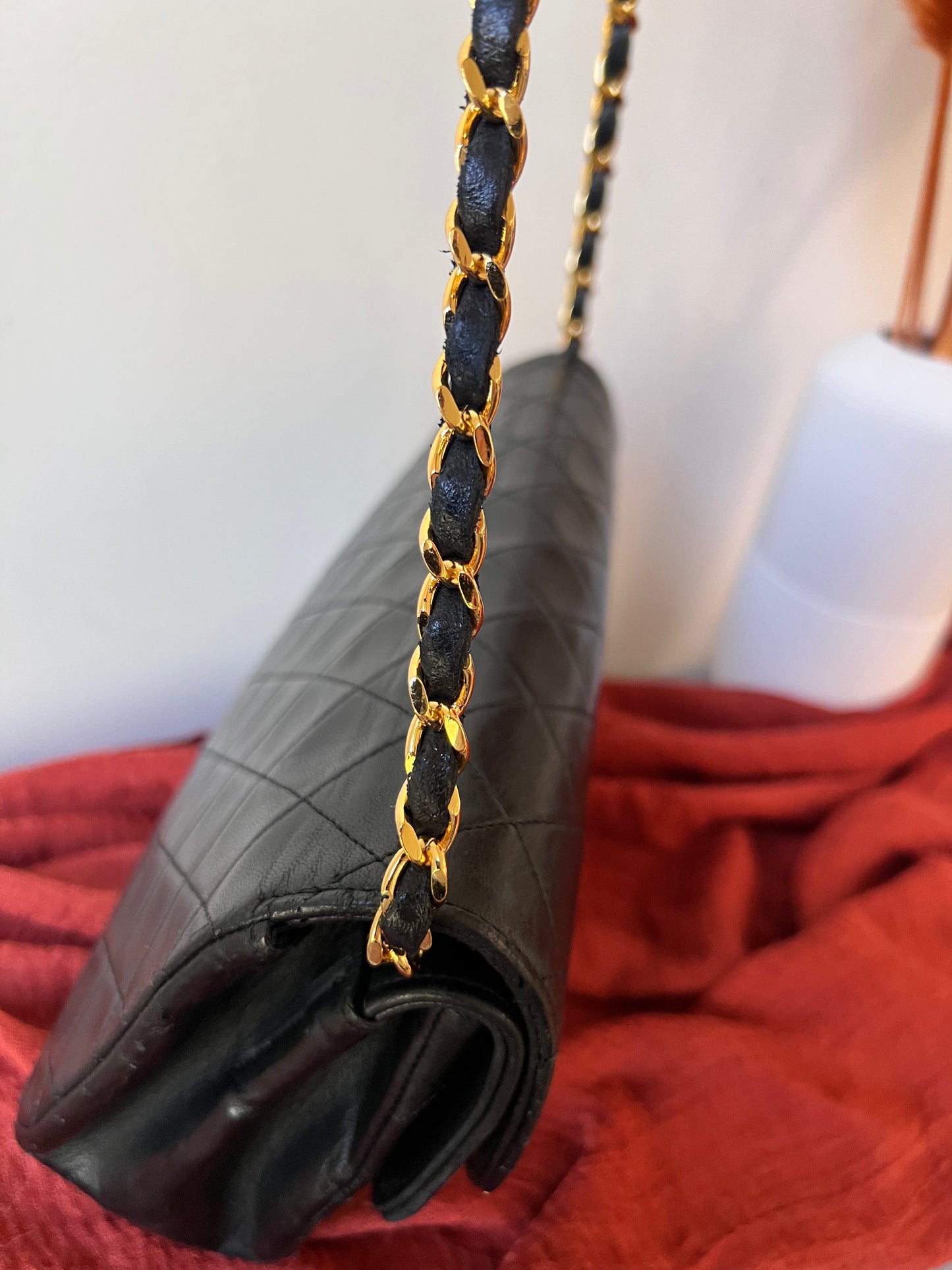 Chanel vintage double rounded flap black lambskin 24k gold chain bag
