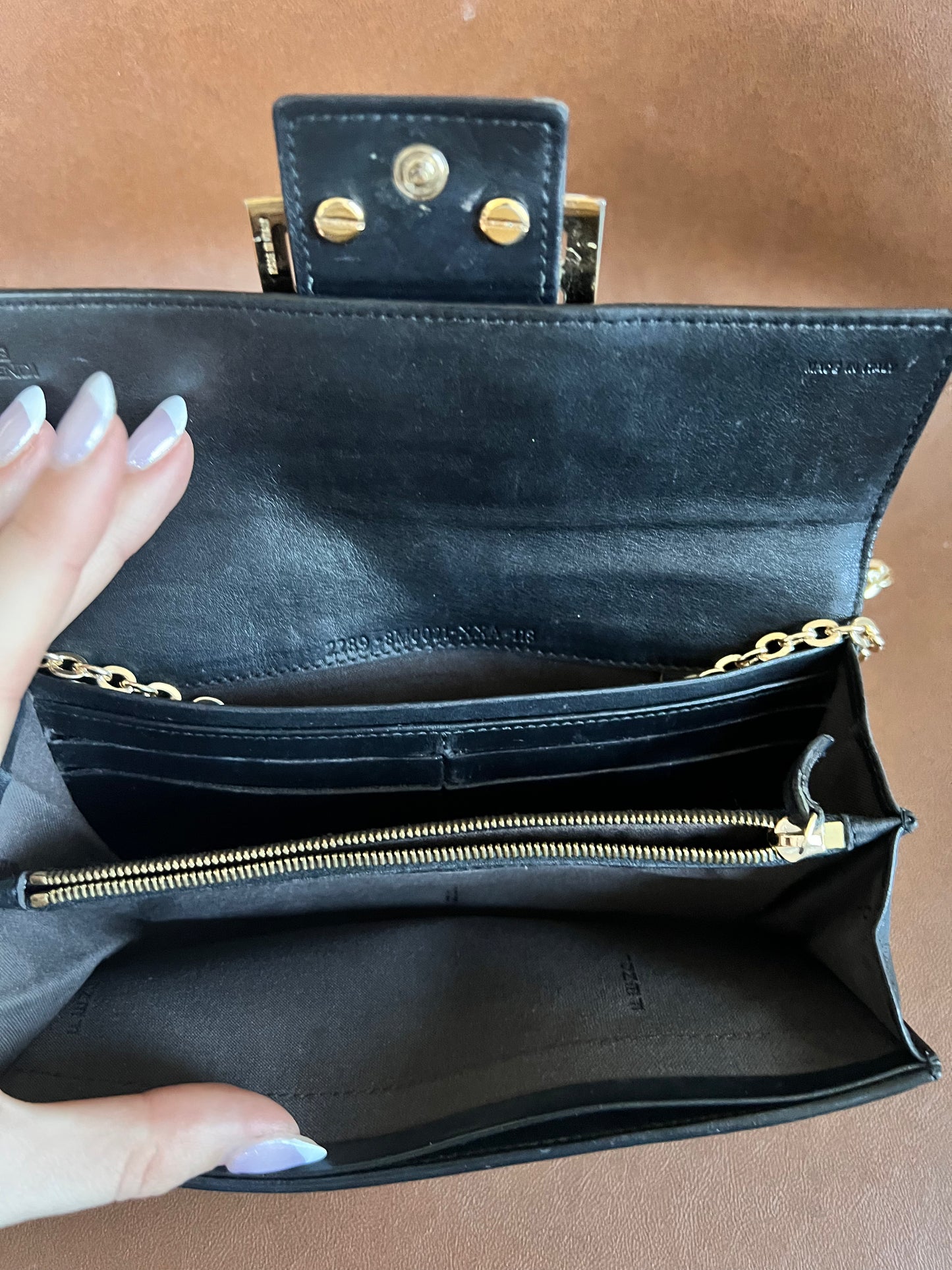Fendi Zucchino black patent leather wallet on chain