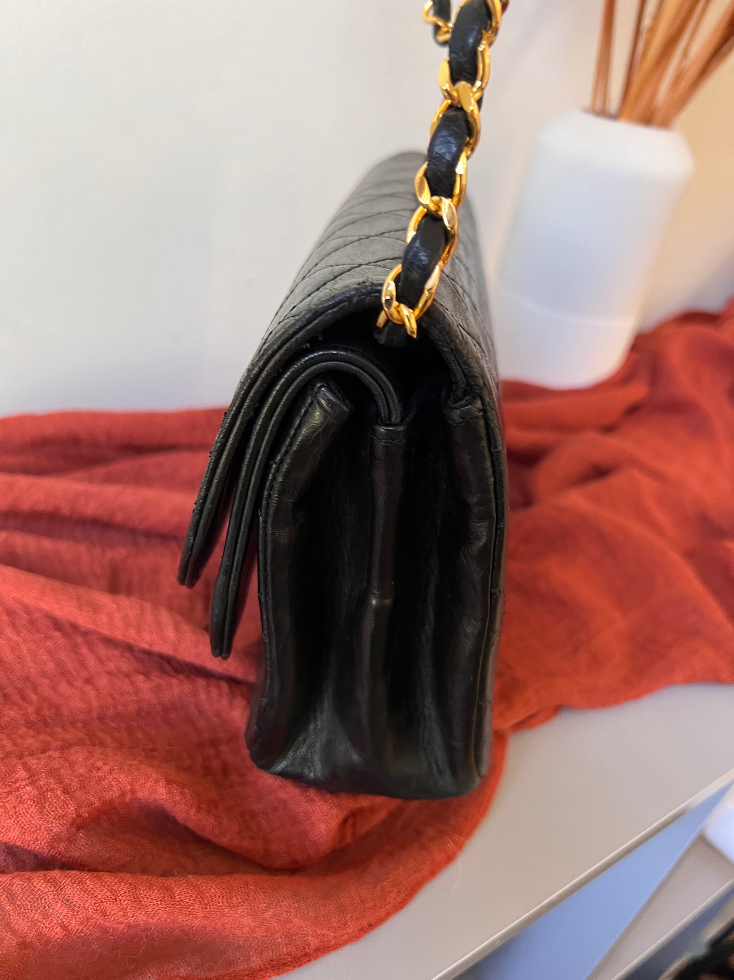 Chanel vintage double rounded flap black lambskin 24k gold chain bag