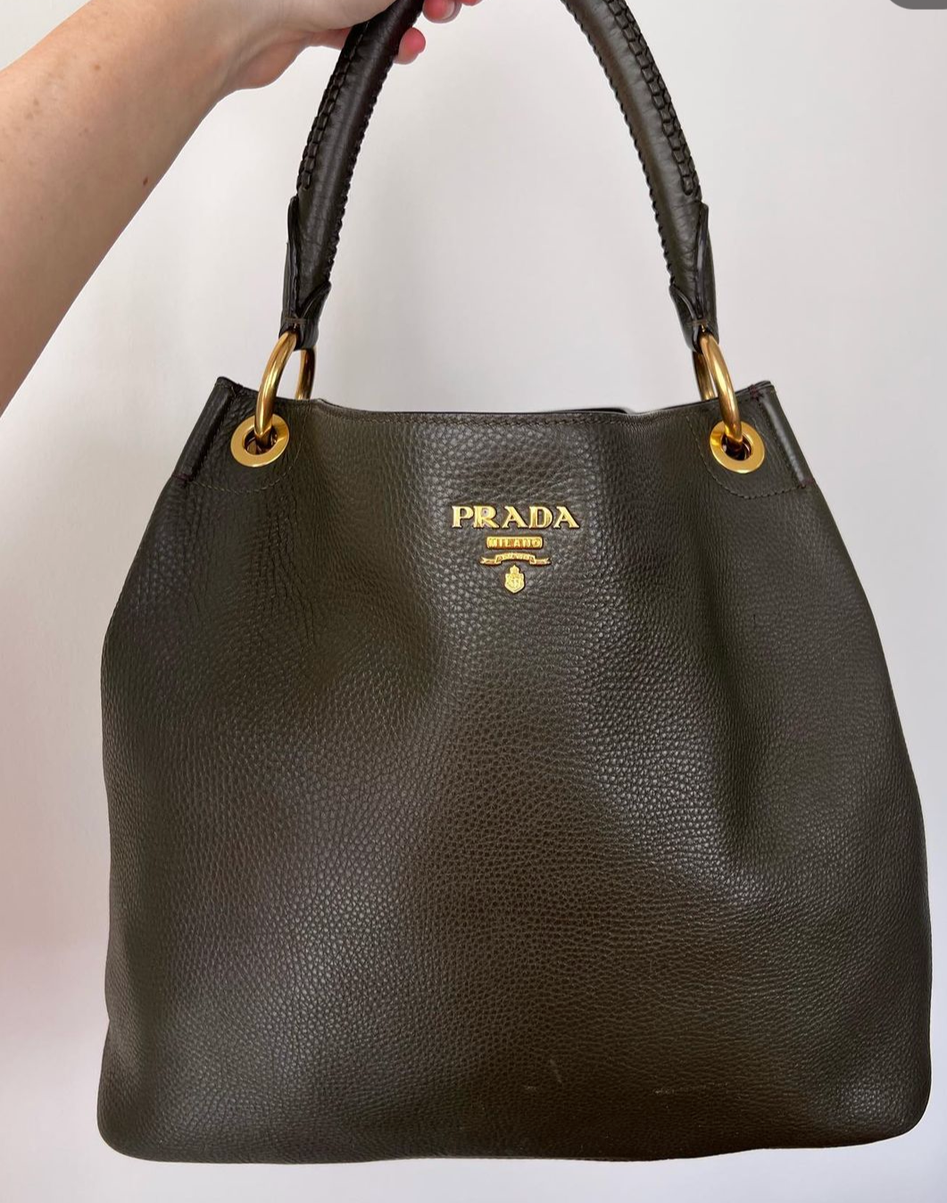 Prada Vitello Daino Hunter Green Large hobo tote with braided strap