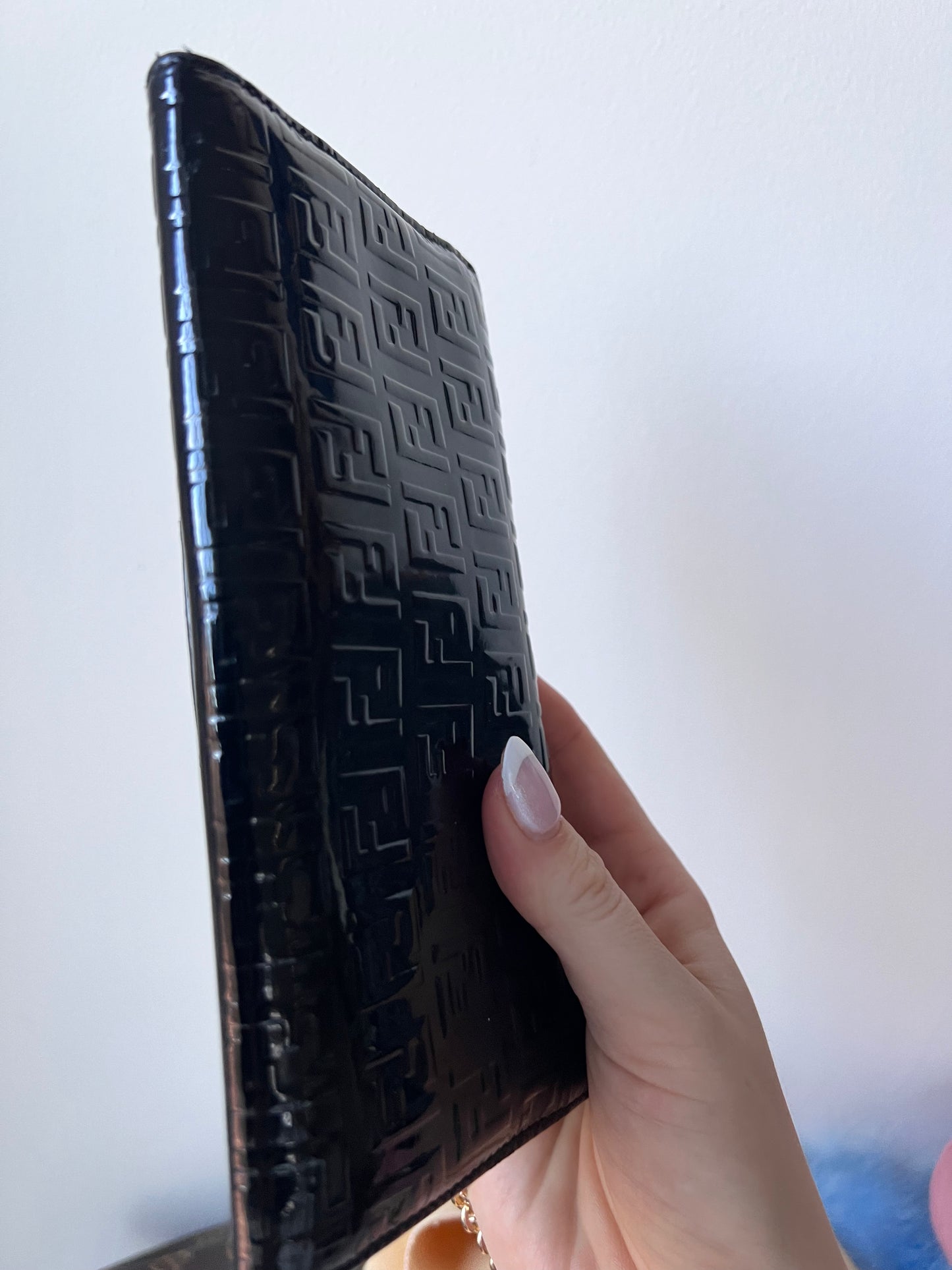 Fendi Zucchino black patent leather wallet on chain