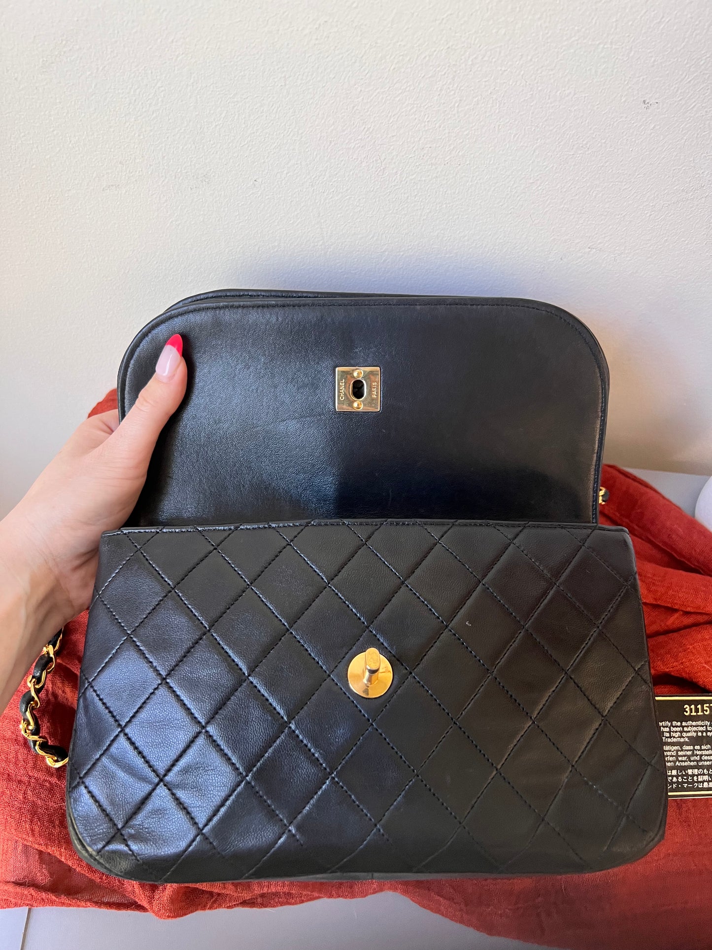 Chanel vintage double rounded flap black lambskin 24k gold chain bag