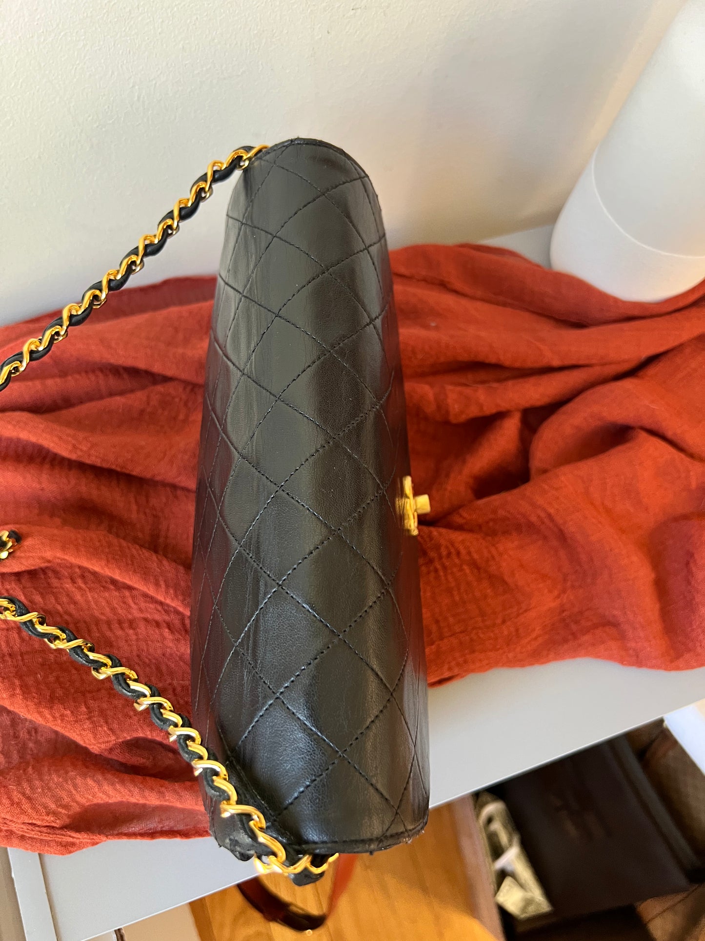 Chanel vintage double rounded flap black lambskin 24k gold chain bag