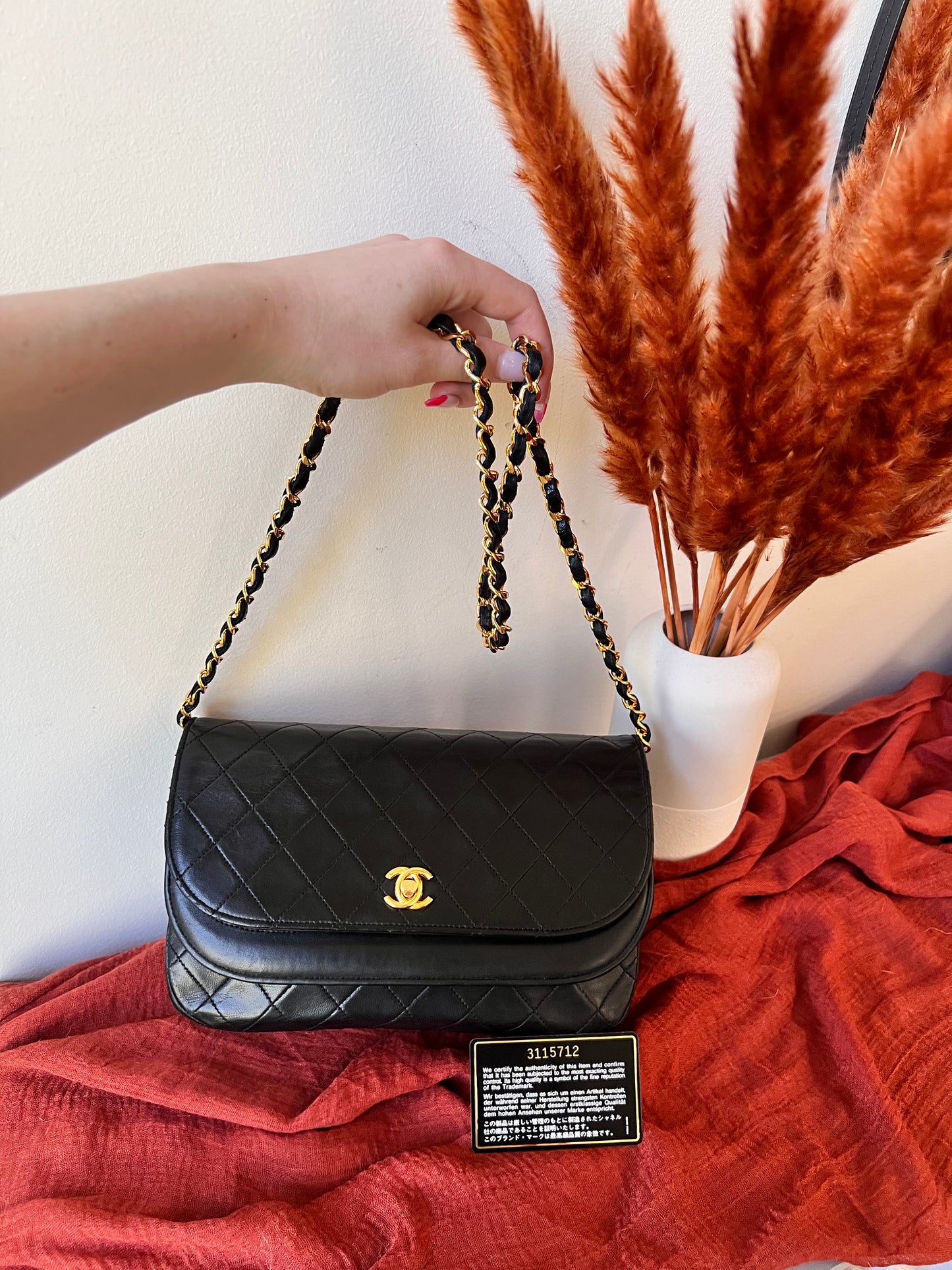 Chanel vintage double rounded flap black lambskin 24k gold chain bag