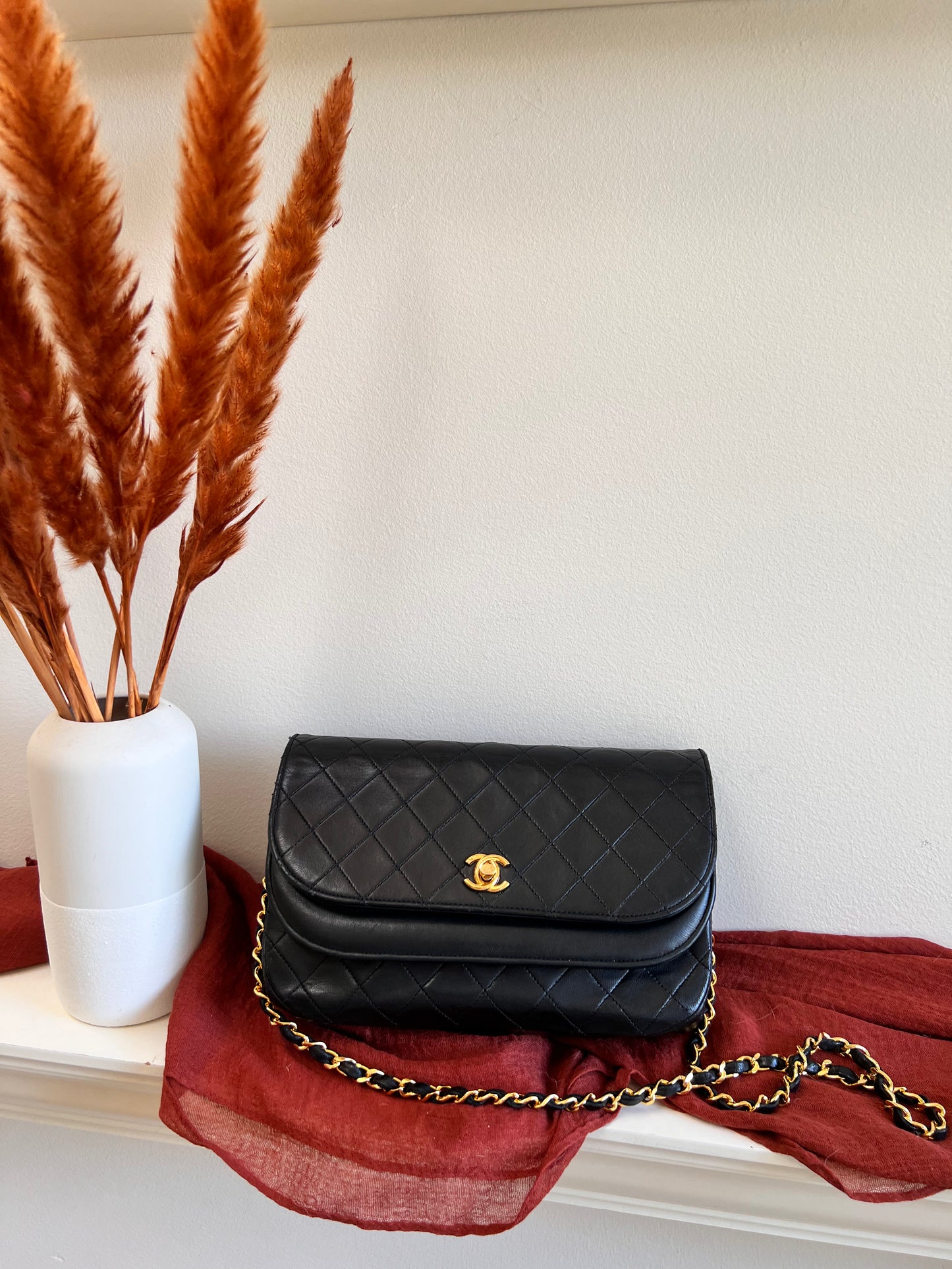 Chanel vintage double rounded flap black lambskin 24k gold chain bag
