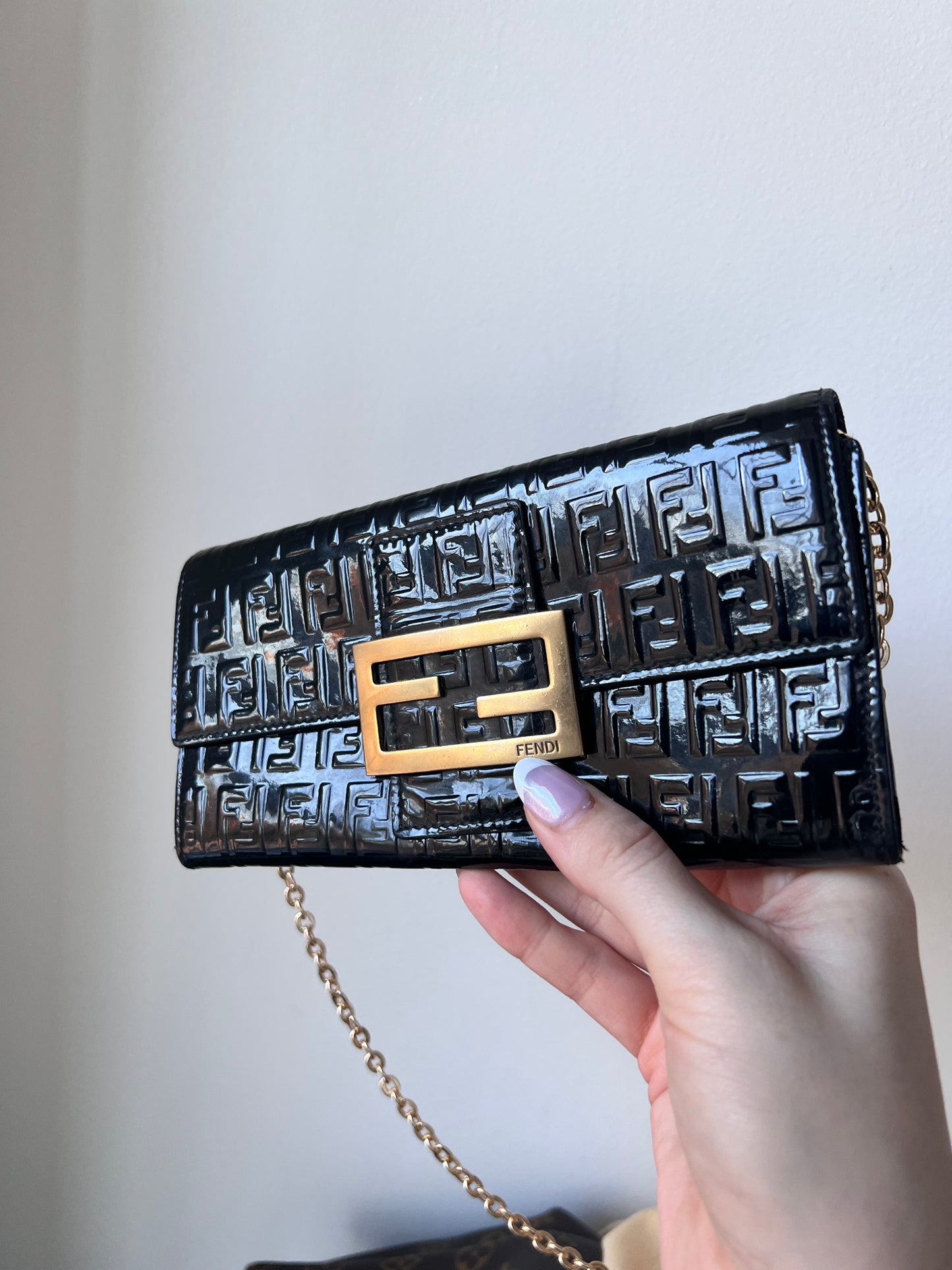 Fendi Zucchino black patent leather wallet on chain