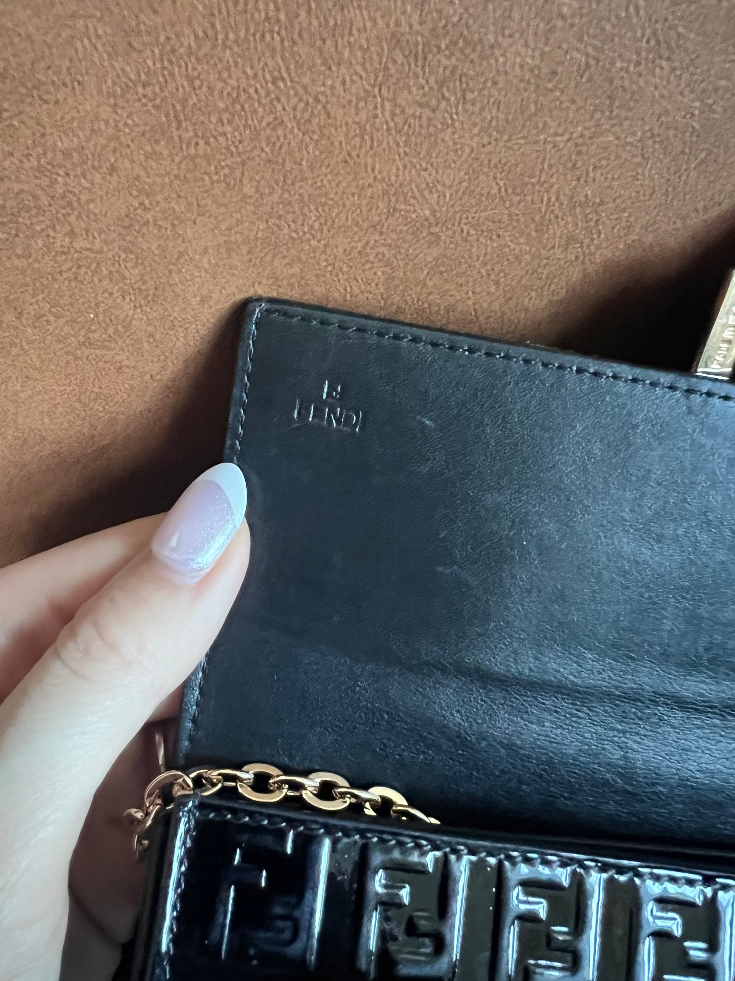 Fendi Zucchino black patent leather wallet on chain