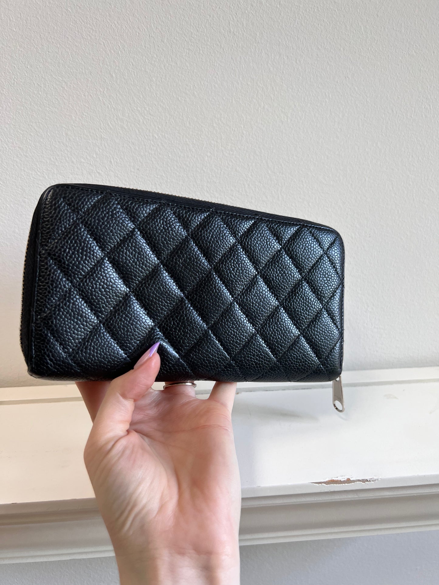Chanel black caviar long zippy wallet SHW