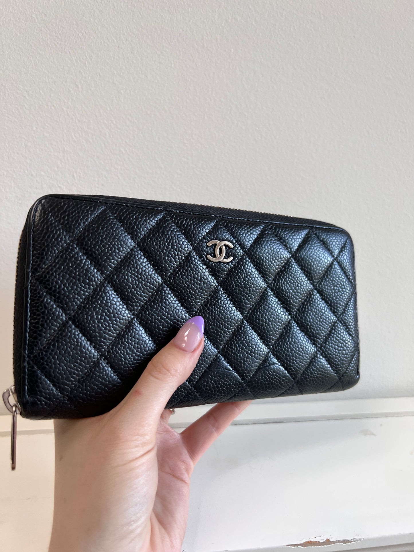 Chanel black caviar long zippy wallet SHW