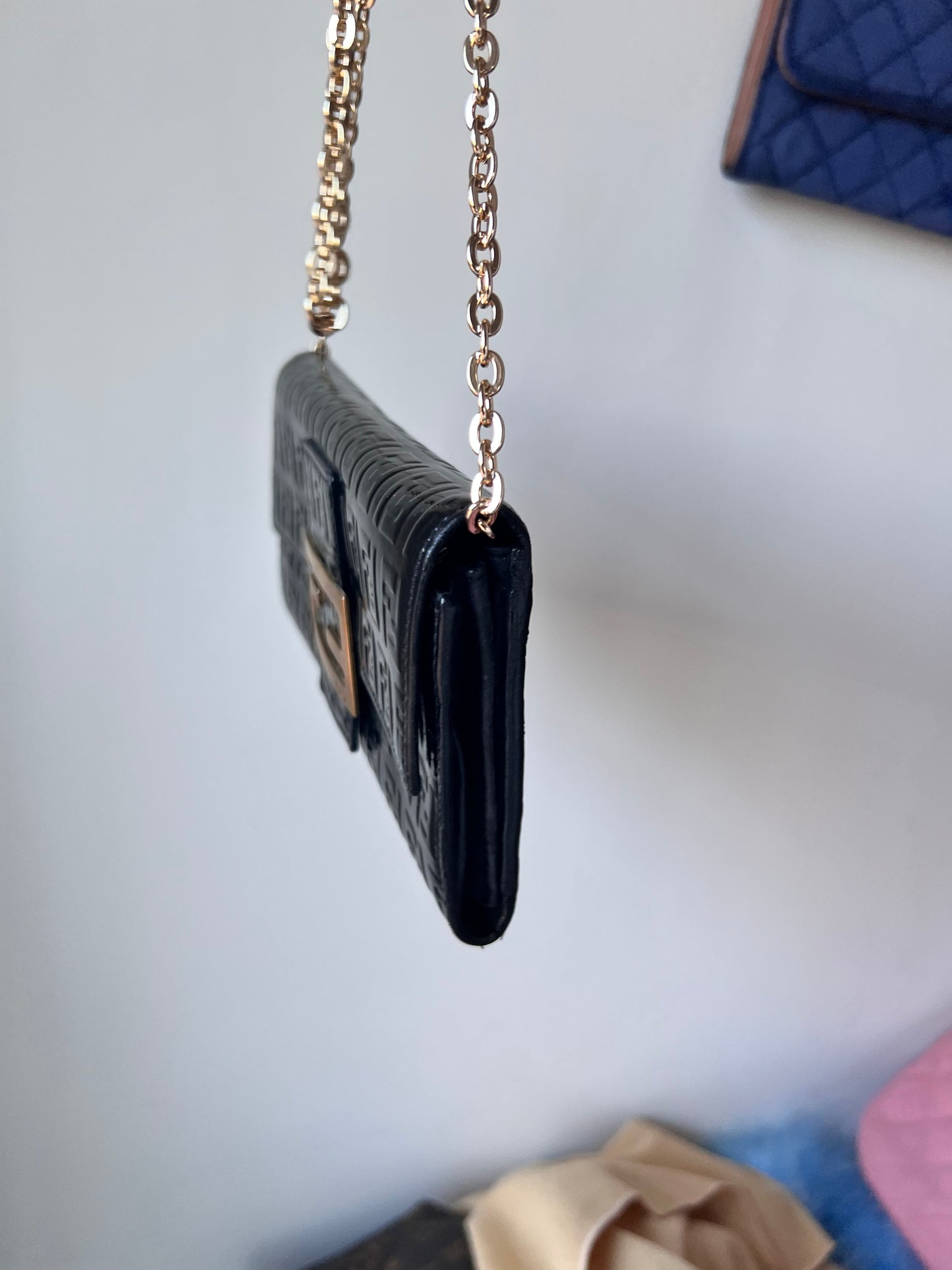 Fendi Zucchino black patent leather wallet on chain