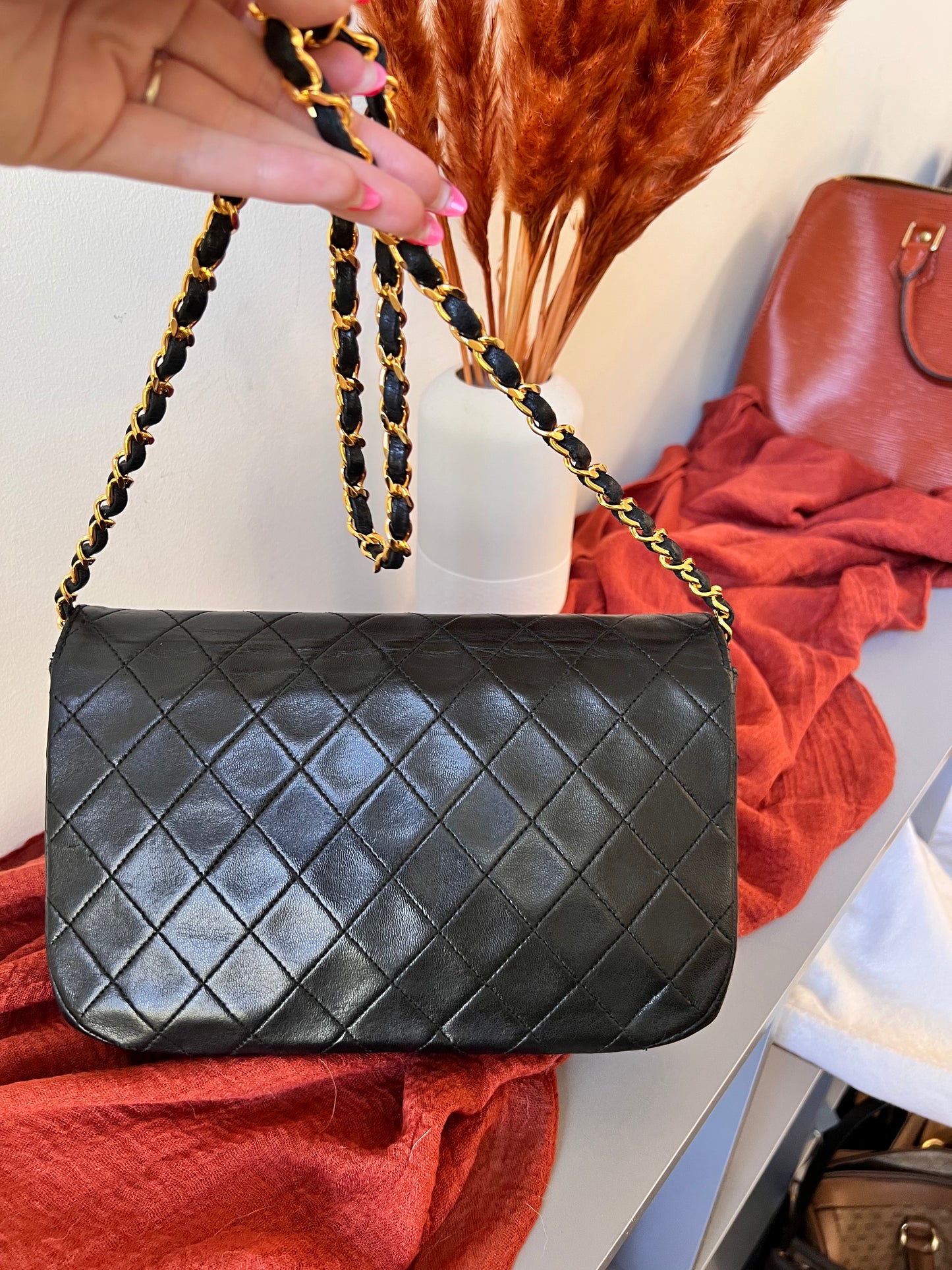 Chanel vintage double rounded flap black lambskin 24k gold chain bag