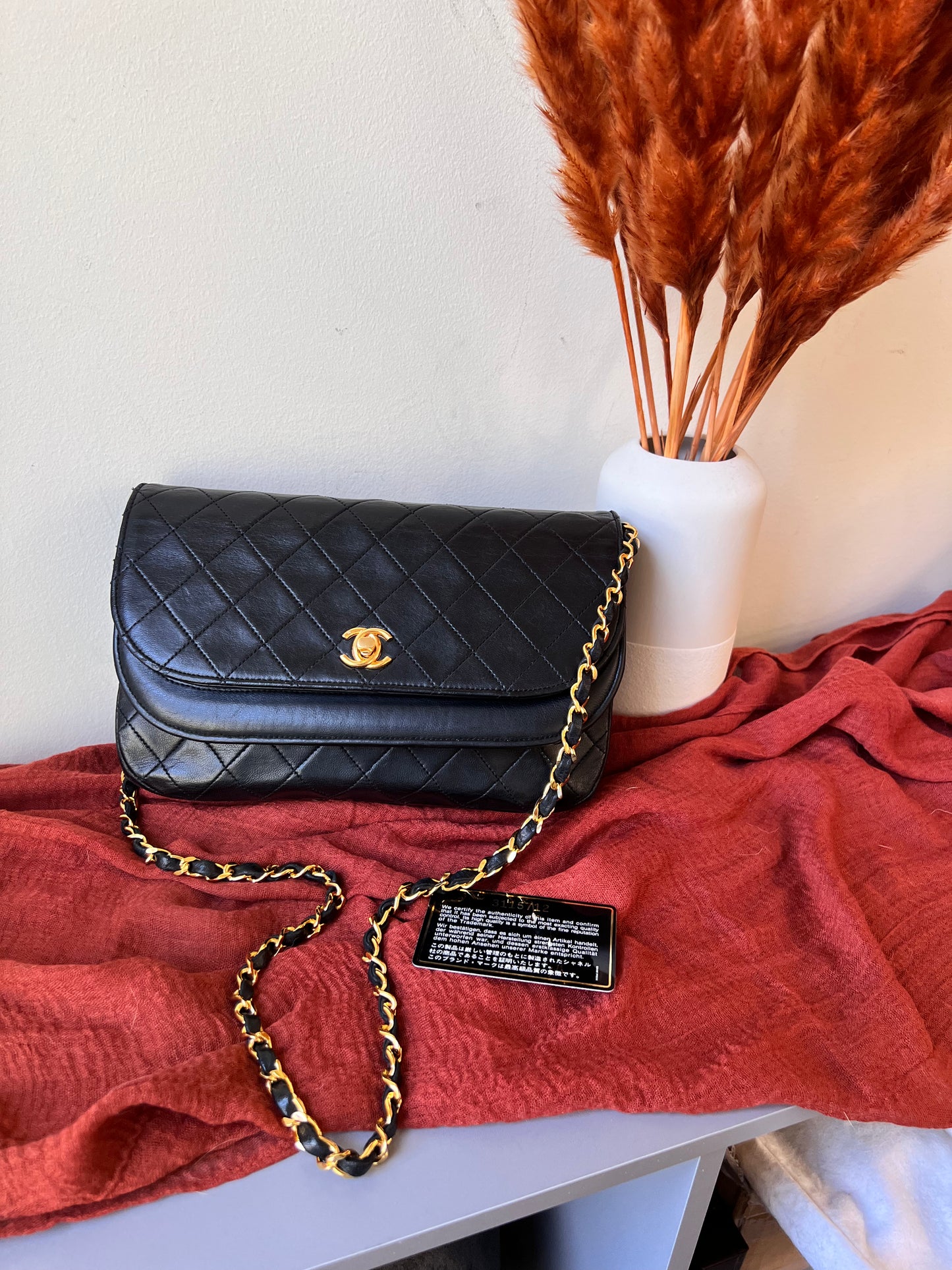 Chanel vintage double rounded flap black lambskin 24k gold chain bag